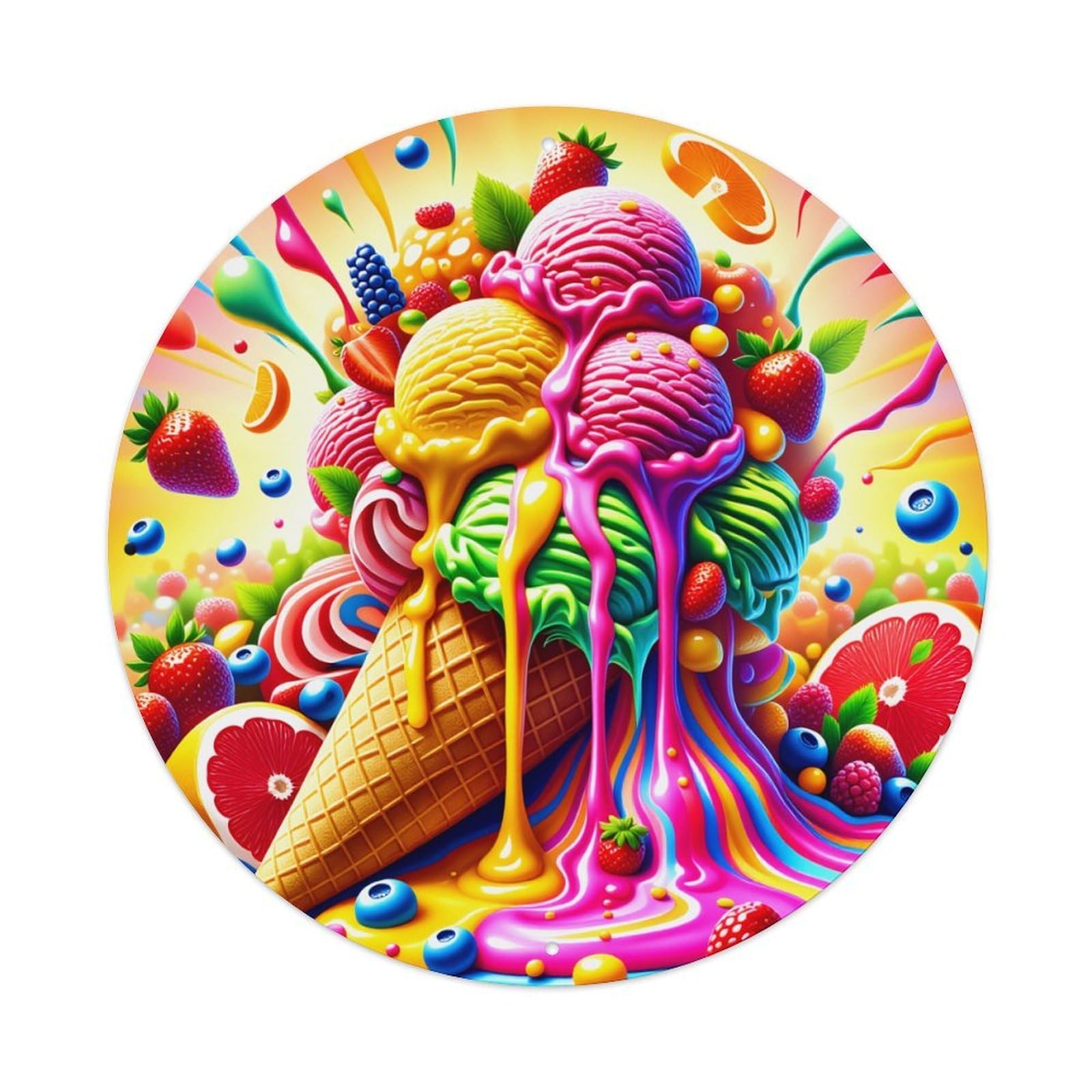 Colorful Ice Cream Fruit Splash Pattern Round Tin Sign Vintage Style Metal Sign Home Bar Garden Wall Plaque Decor Metal Poster 8x8 Inch