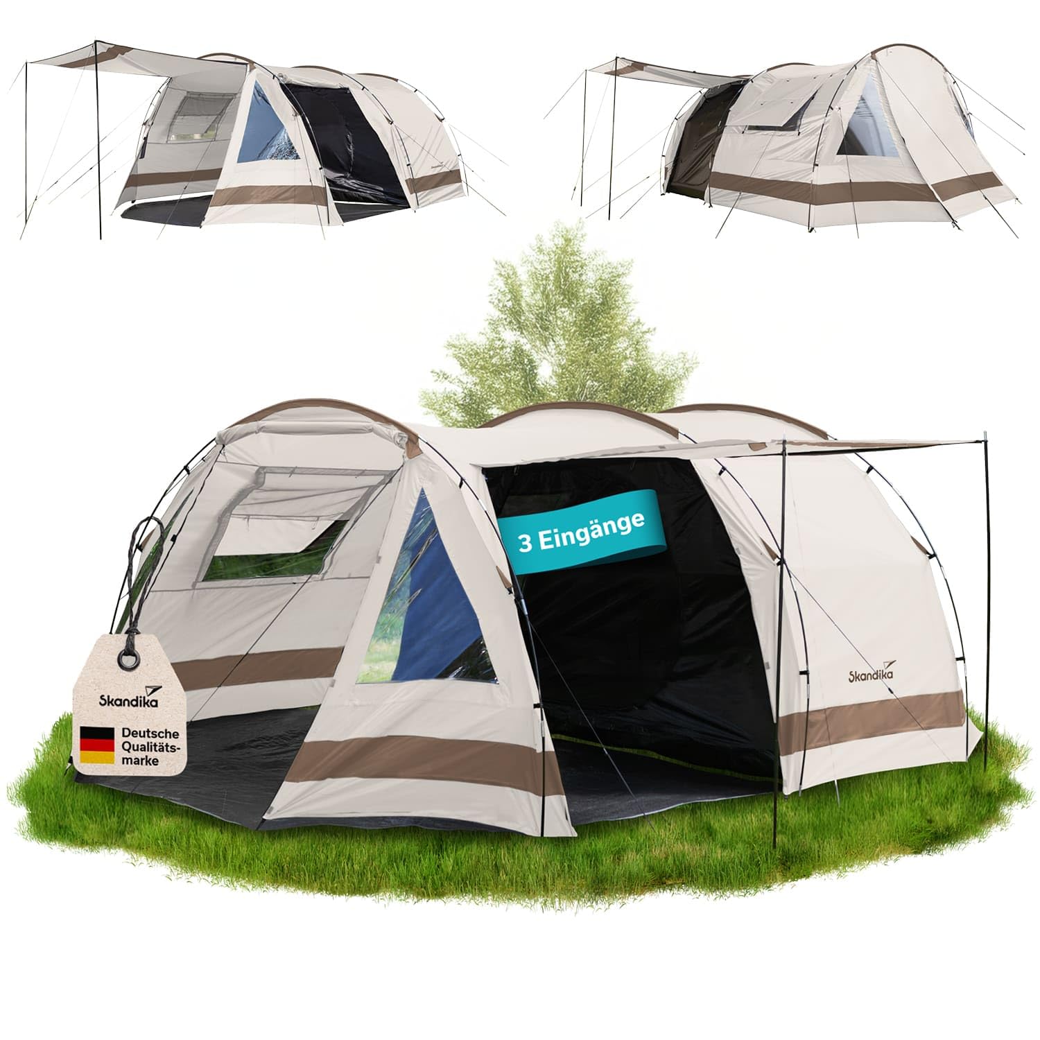 Skandika Kambo Tunnelzelt 4 Personen | Zelt mit dunkle Schlafkabine für 4 Mann, Wasserdicht mit 3000 Wassersäule, 3 Eingänge, Sonnendach, Vorzelt | Camping Familienzelt, Großraumzelt