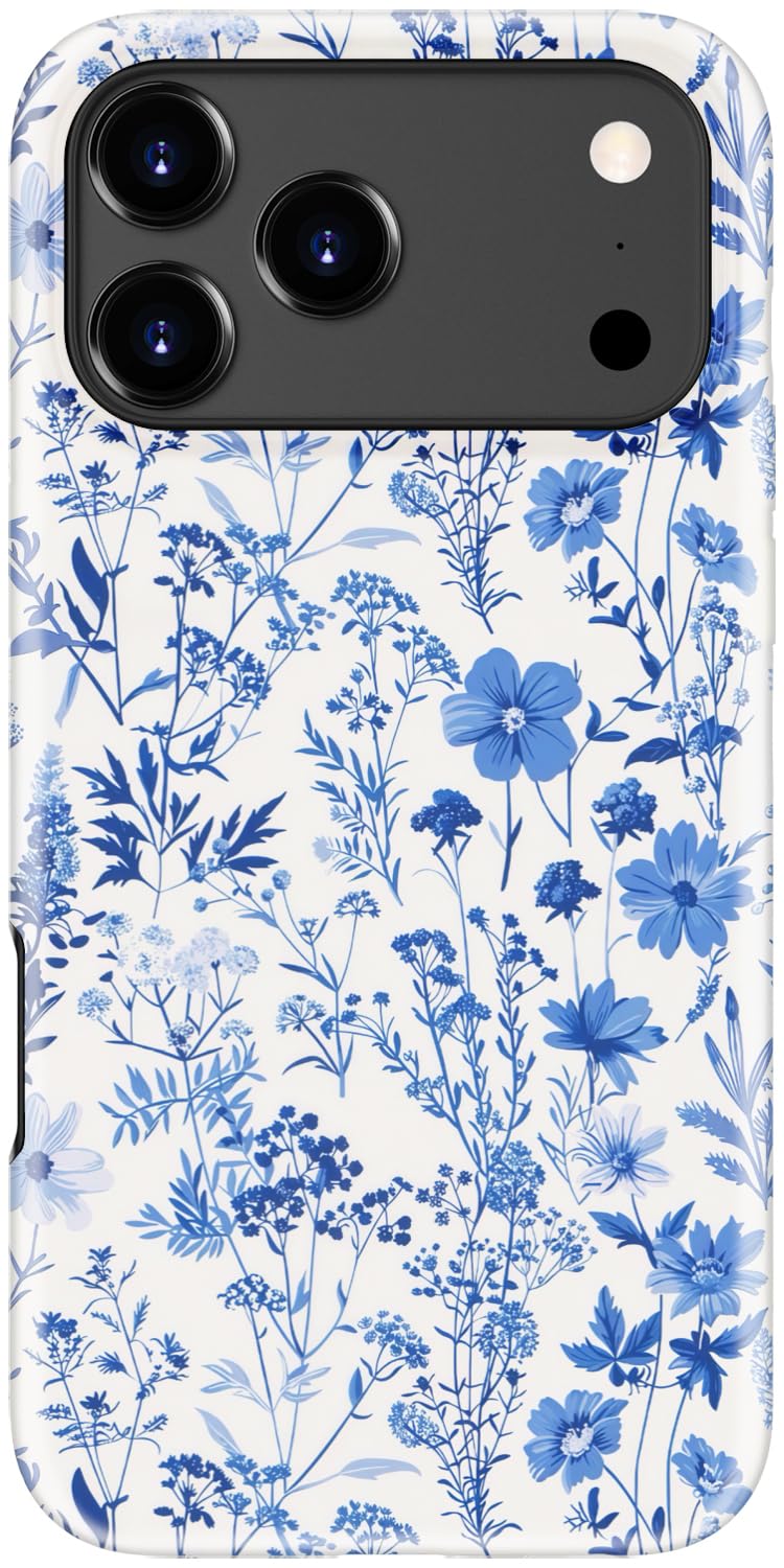 for iphone 17 pro case, wireless charging compatible,dual-layer protection with stylish wildflower design, soft silicone + hard shell, cute chic phone cover for women - azure botanical pattern