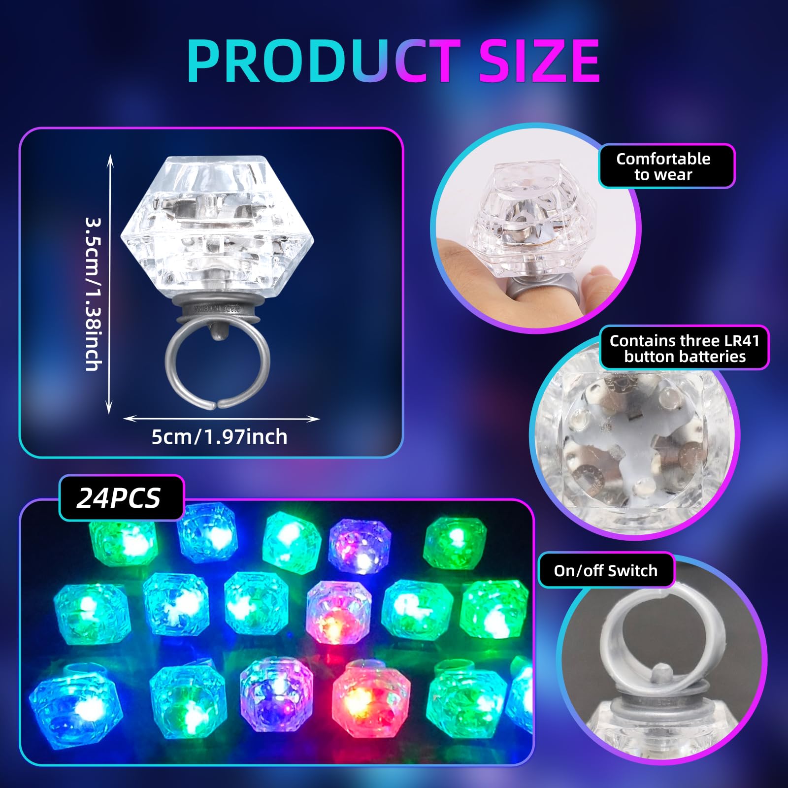 24 PCS Anillos Diamantes Luminosos LED Luces Juguetes Anillos de Dedos Brillantes para Fiestas Cumpleaños Boda Decoración