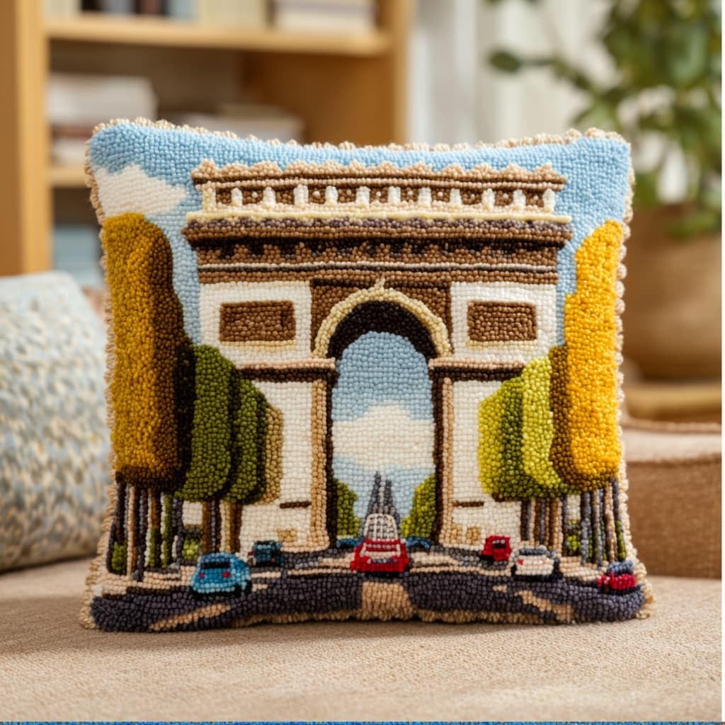 Taxpy Latch Hook Cushion Kits Arc De Triomphe Architecture Pillowcase Kits Embroidery Kit 17X17 Inch DIY Needlework Pillow Cover Sofa Cushion Rug Making
