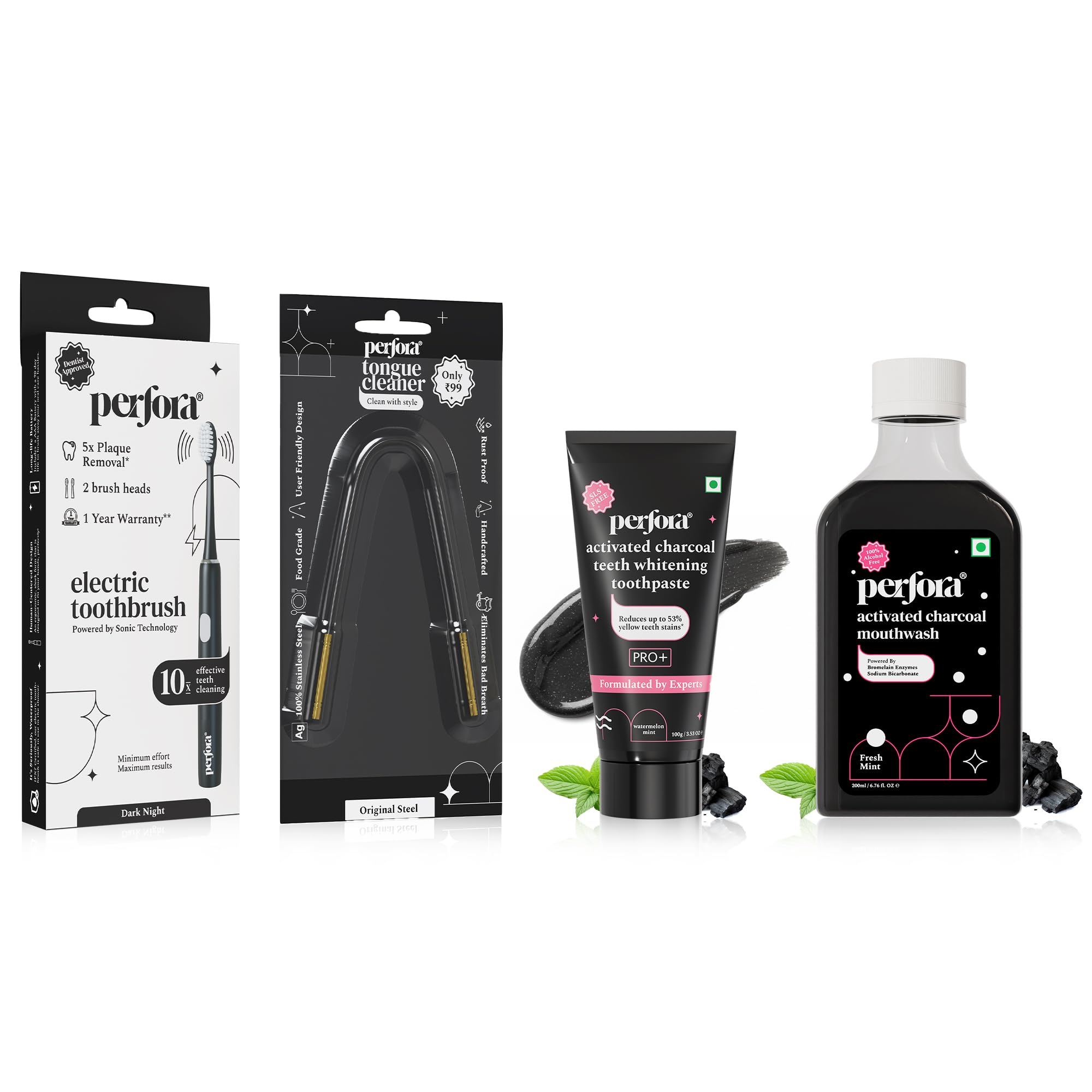 Perfora Charcoal Oral Care Combo - Pack of 4 | Electric Toothbrush, Tongue Cleaner, Activated Charcoal Mouthwash & Toothpaste | Super Soft Bristles | SLS Free Tooth paste For Adults | Alcohol Free-picture-46