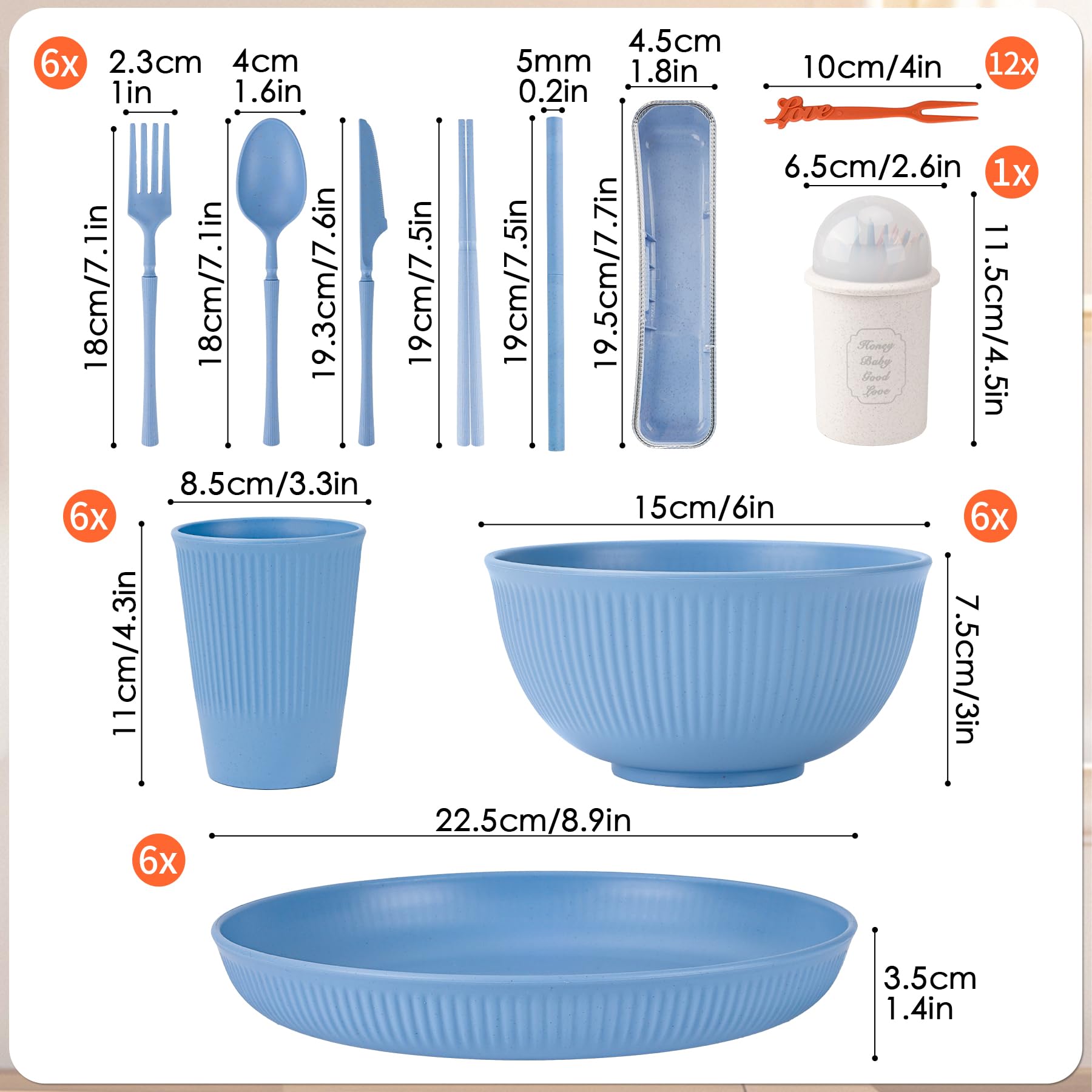 Set di stoviglie infrangibili per 6 persone, 66 pezzi, piatti e ciotole in plastica, piatti in plastica leggera, riutilizzabili, ciotole, tazze, posate, cannuccia, forchette, set di stoviglie per