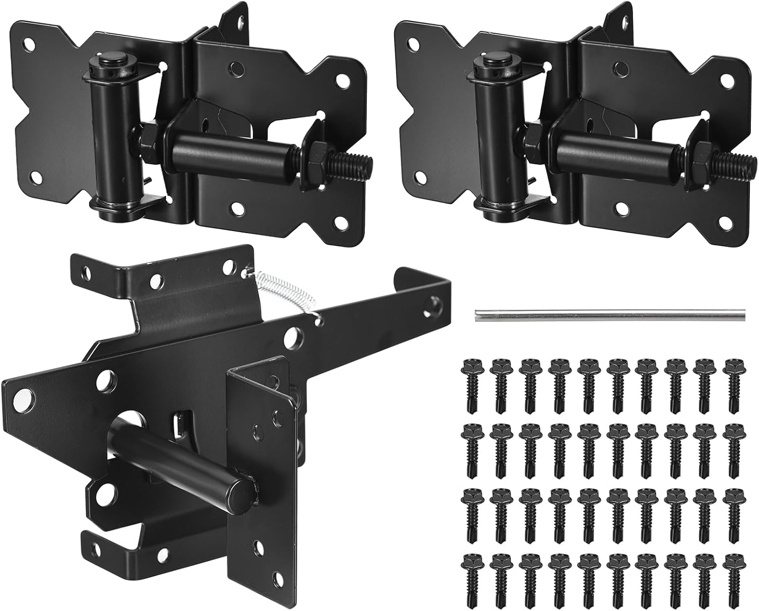 uxcell 2pcs Self Closing Gate Hinges and Gate Latch Hardware Kit for Wooden or Vinyl Fence Gate, with Slef-Tapping Screws and Adjuster Tool, Black