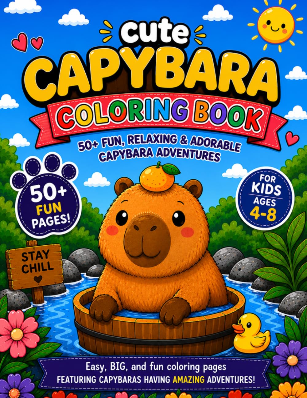Cute Capybara Coloring Book: 50+ Fun, Relaxing & Adorable Capybara Adventures