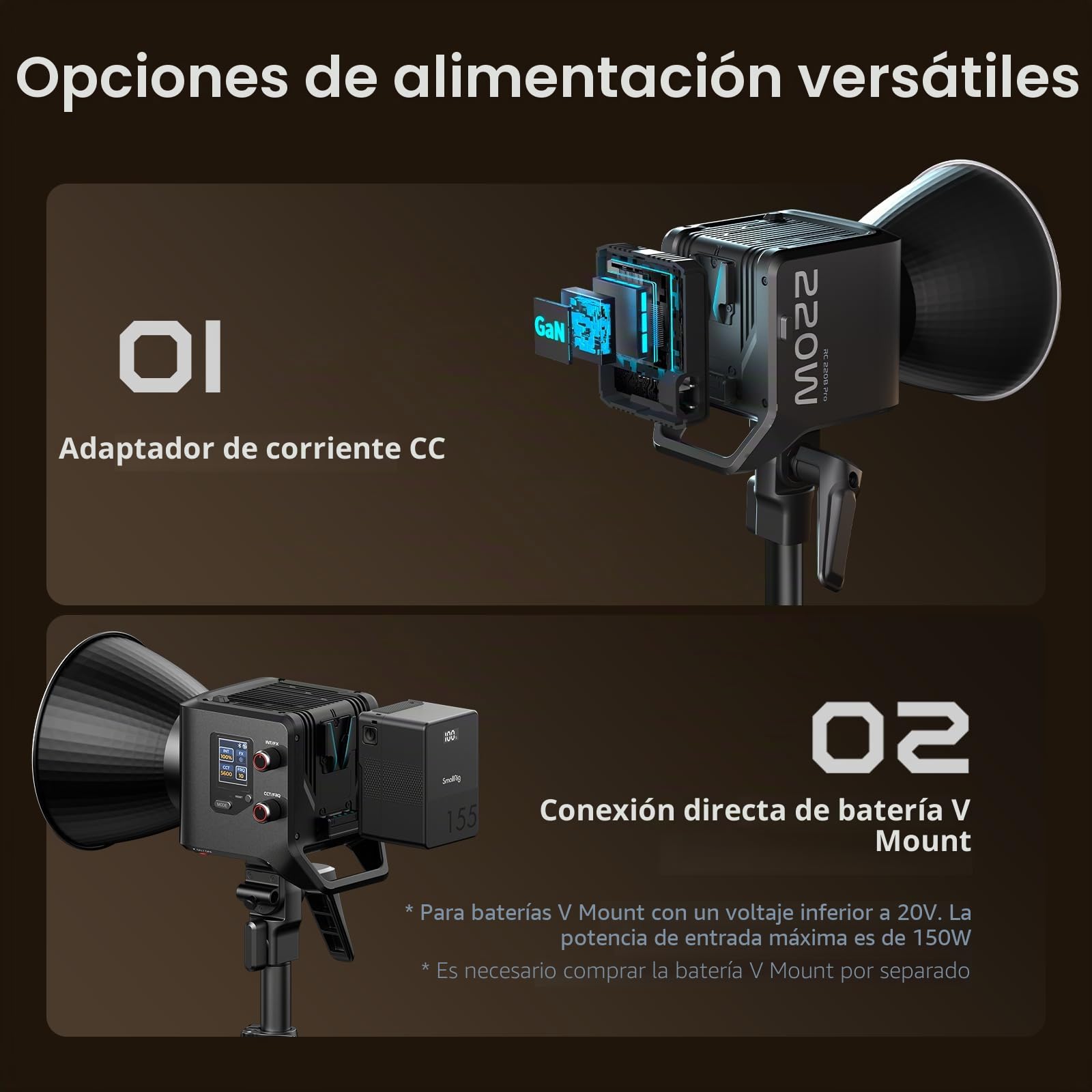 SMALLRIG RC 220B Pro Luz de Video COB de 220 W, Luz de Video Bicolor de 2700 K a 6500 K, Luz con Montura Bowens CRI 95+, Compatible con 3 Métodos de Suministro de Energía - 4621
