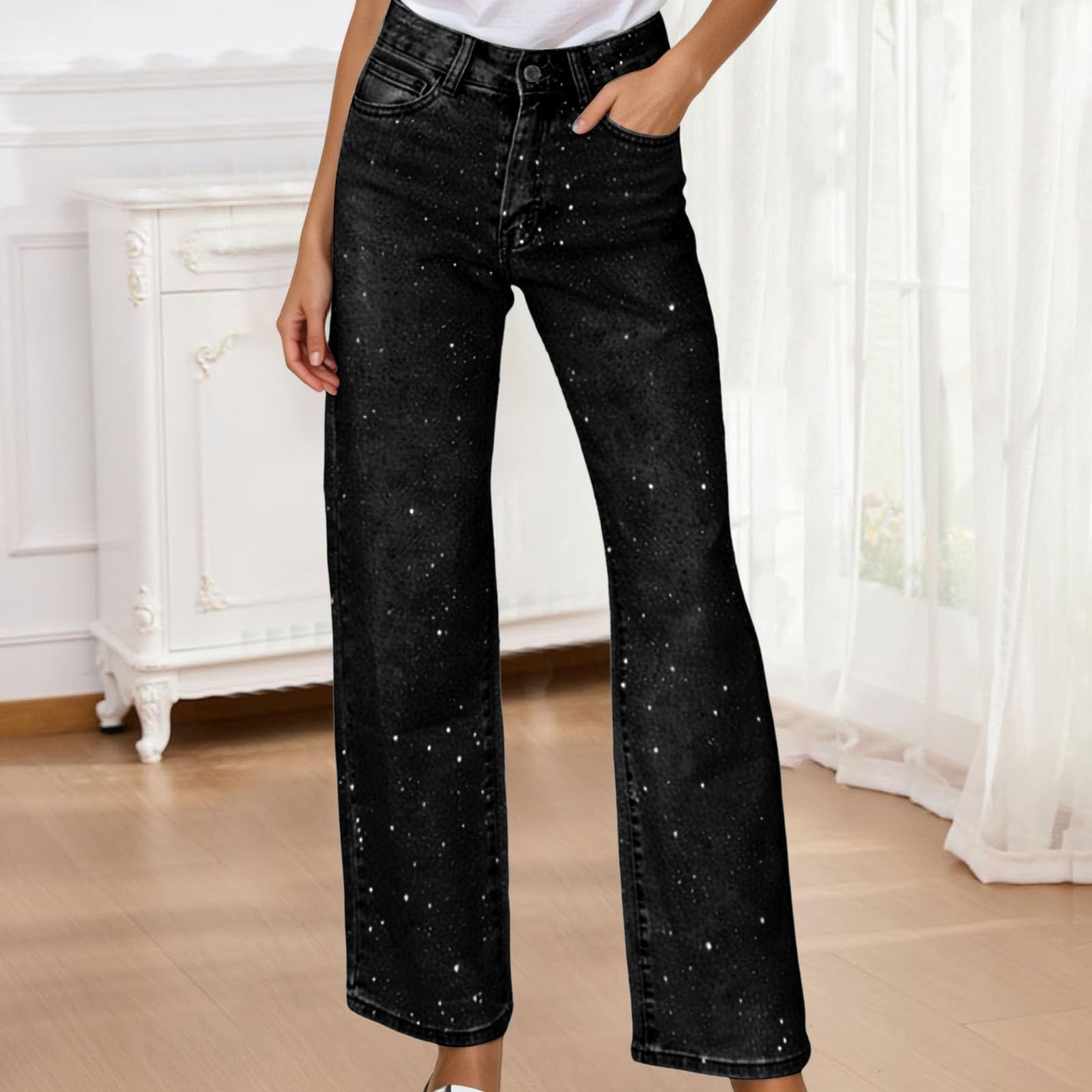 Generico Jeans Brillantini Donna Vita Alta con Strass Jeans Baggy Estivi Leggeri Y2K Pantaloni Larghi Eleganti Comodi Pantalone Primaverile Wide Leg Casual per Danza, Lavoro, Outdoor