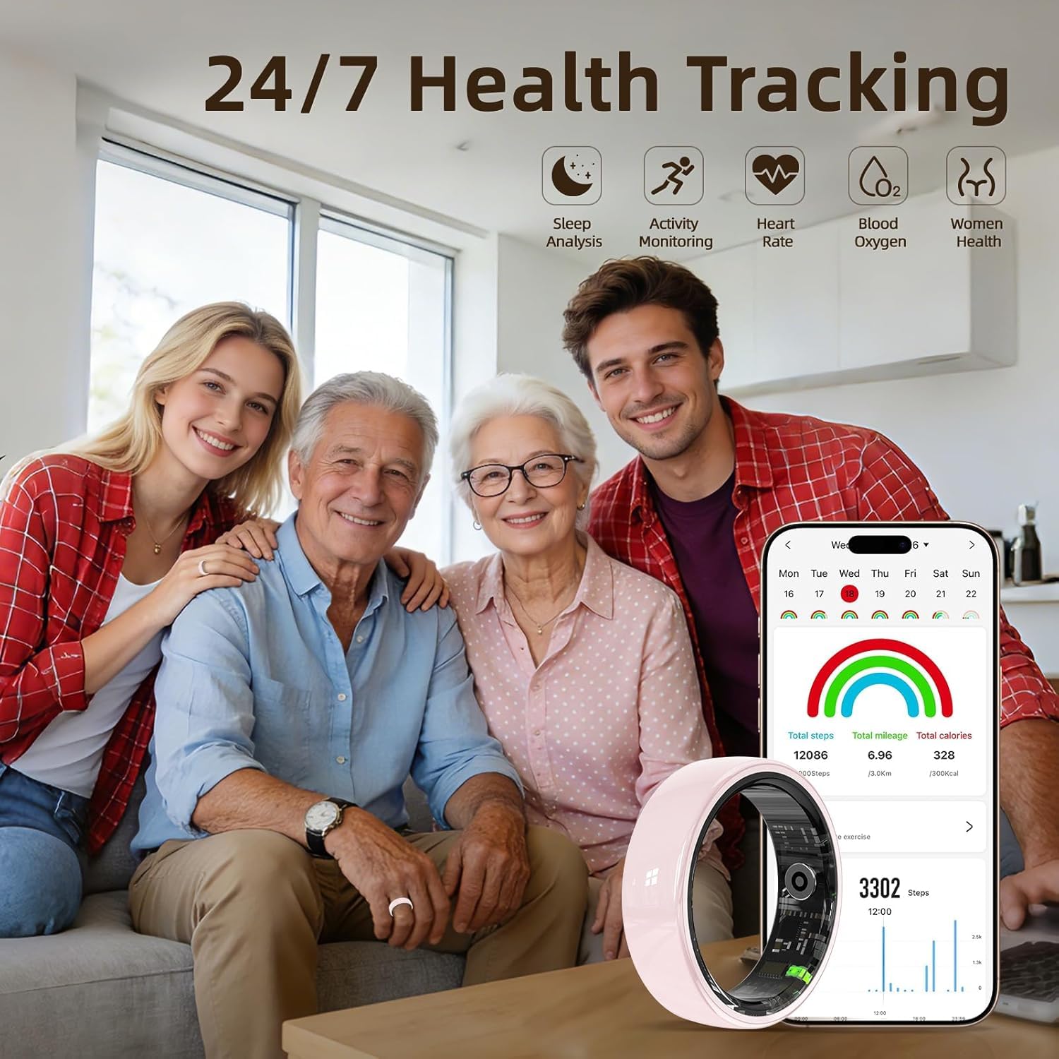Anillo inteligente con monitoreo y análisis del sueño, monitoreo de salud de frecuencia cardíaca, múltiples modos deportivos, incluyendo natación, correr y ciclismo, resistente al agua hasta