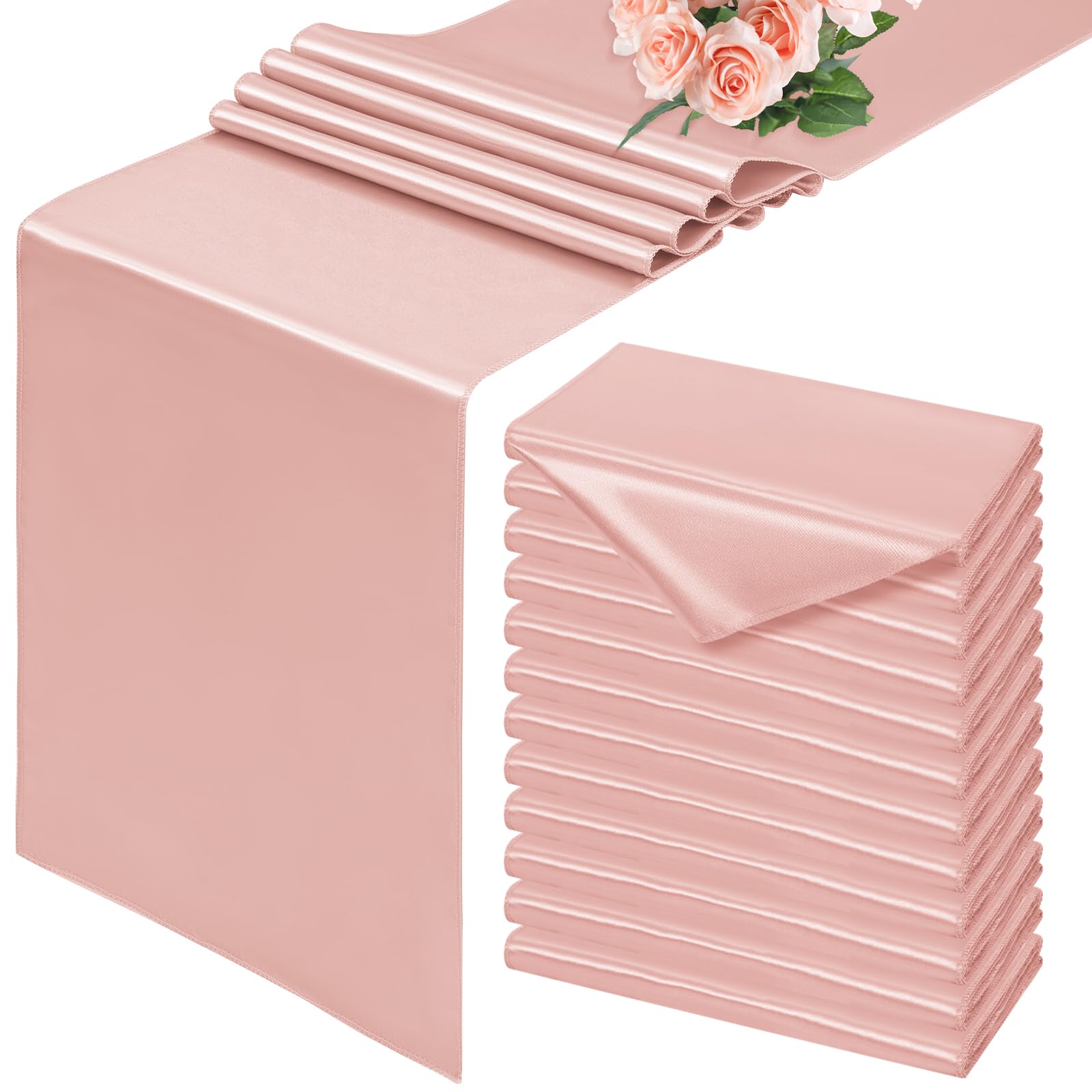 12 Pack Rose Gold Table Runner, 30 x 183 CM Satin Table Runner, Smooth Silk Table Runners for Dining Table, Wedding, Party, Banquet, Events, Graduations, Engagements