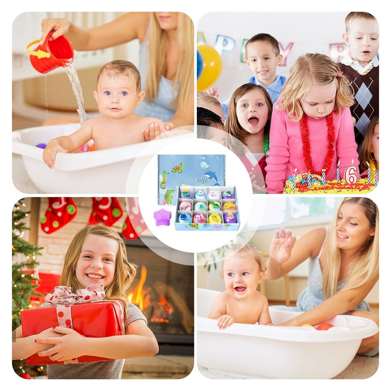 Coffret cadeau bombes bain enfant | 12 Bombes bain enfant | Animaux amusants bains mer avec à l'intérieur | Boules bains moussantes organiques naturelles éducatifs pour hydrater peau