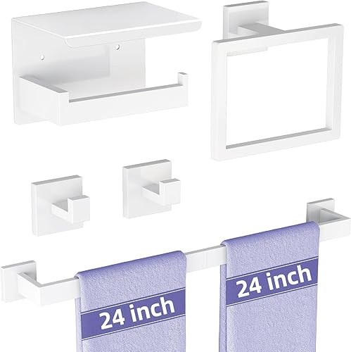 Miniatura 10 de Juego de accesorios de baño de 5 piezas, color negro mate, toalleros de acero inoxidable de 24 pulgadas para baño, juego de toallero, anillo de