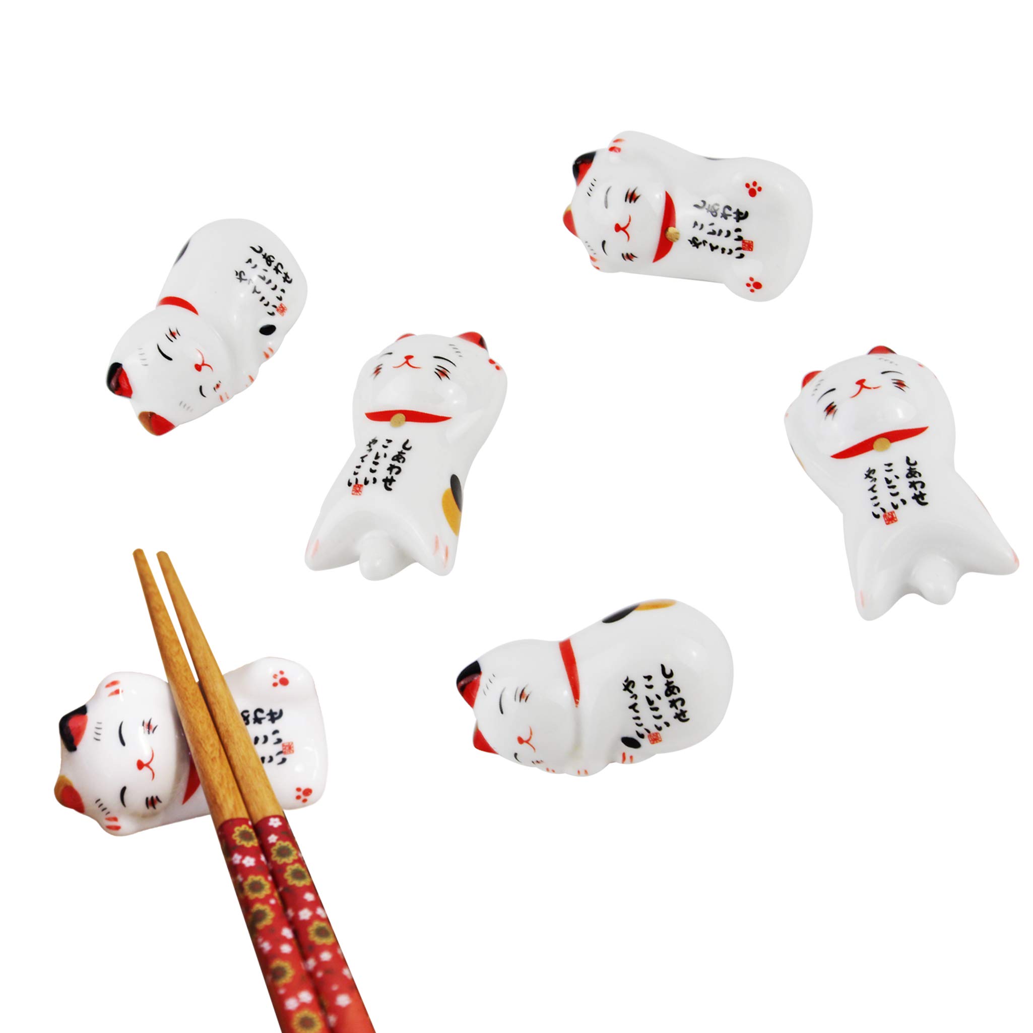 6 Pcs Japanese Lucky Cat Chopsticks Rest Ceramic Dinner Spoon Rest Fork Knife Tableware Holder w Box for Decor Housewarming Gift