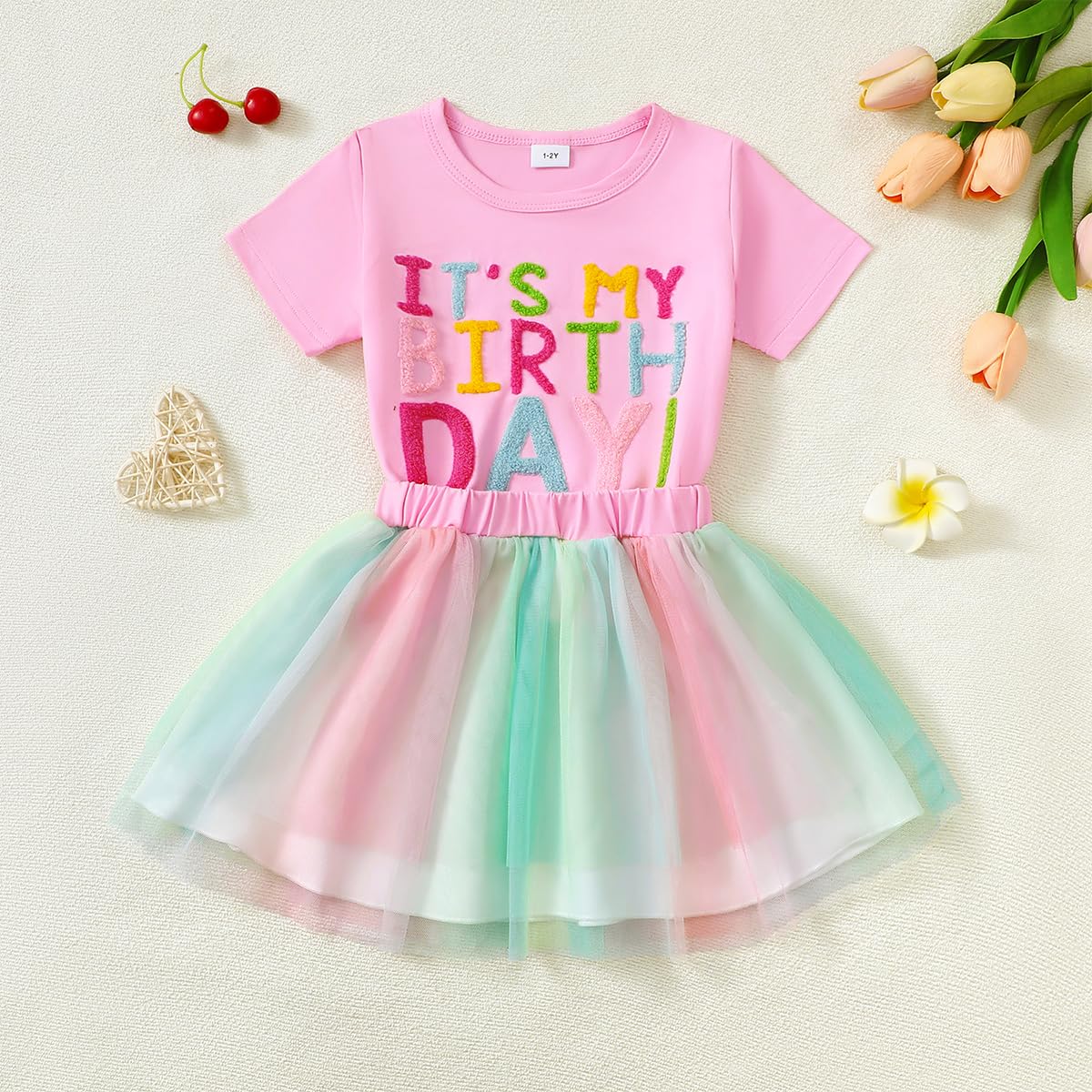 Ensemble Tenue d'anniversaire pour Bébé Fille Birthday Girl Lettre Brodés T-shirt +Tulle Tutu Jupe Robes d'anniversaire Fête pour Enfants 1-6 Ans