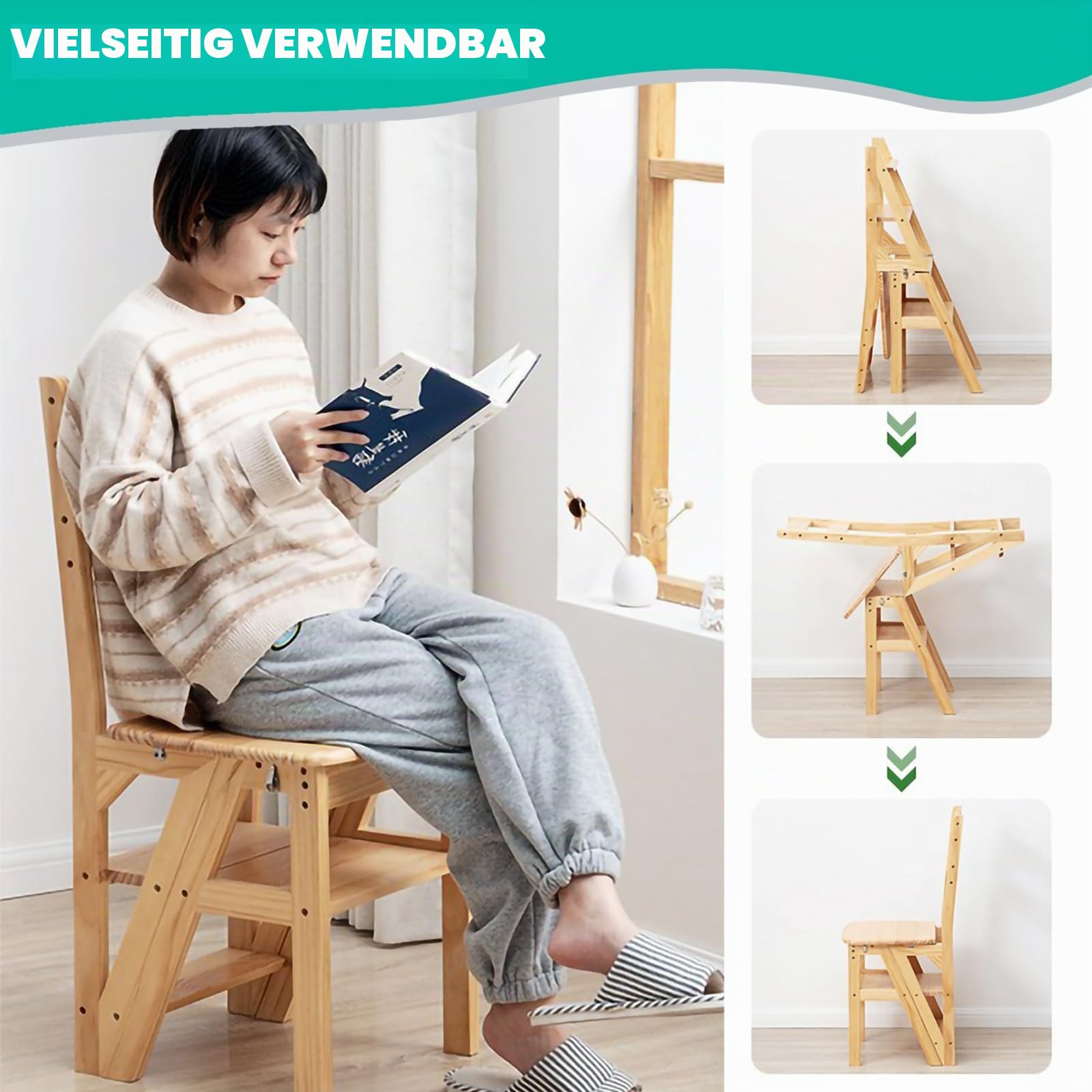 Stufenleiter,Trittleiter 4 Stufen Klapp 2-in-1 Leiter und Stuhl Tritthocker Klappbar Holztrittleiter Haushaltstritt Stehleiter Bis 180 kg Belastbar Geeignet für Küche Zuhause Bibliotheken
