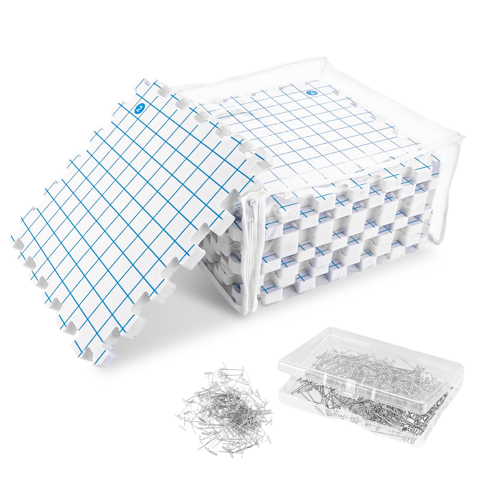 Oungy Kit Blocage Tricot 9 Dalles Modulables en Mousse avec 100 Épingles, Tapis Crochet Grille 30,5 cm, Planches pour Laine, Dentelle et Couture Créative
