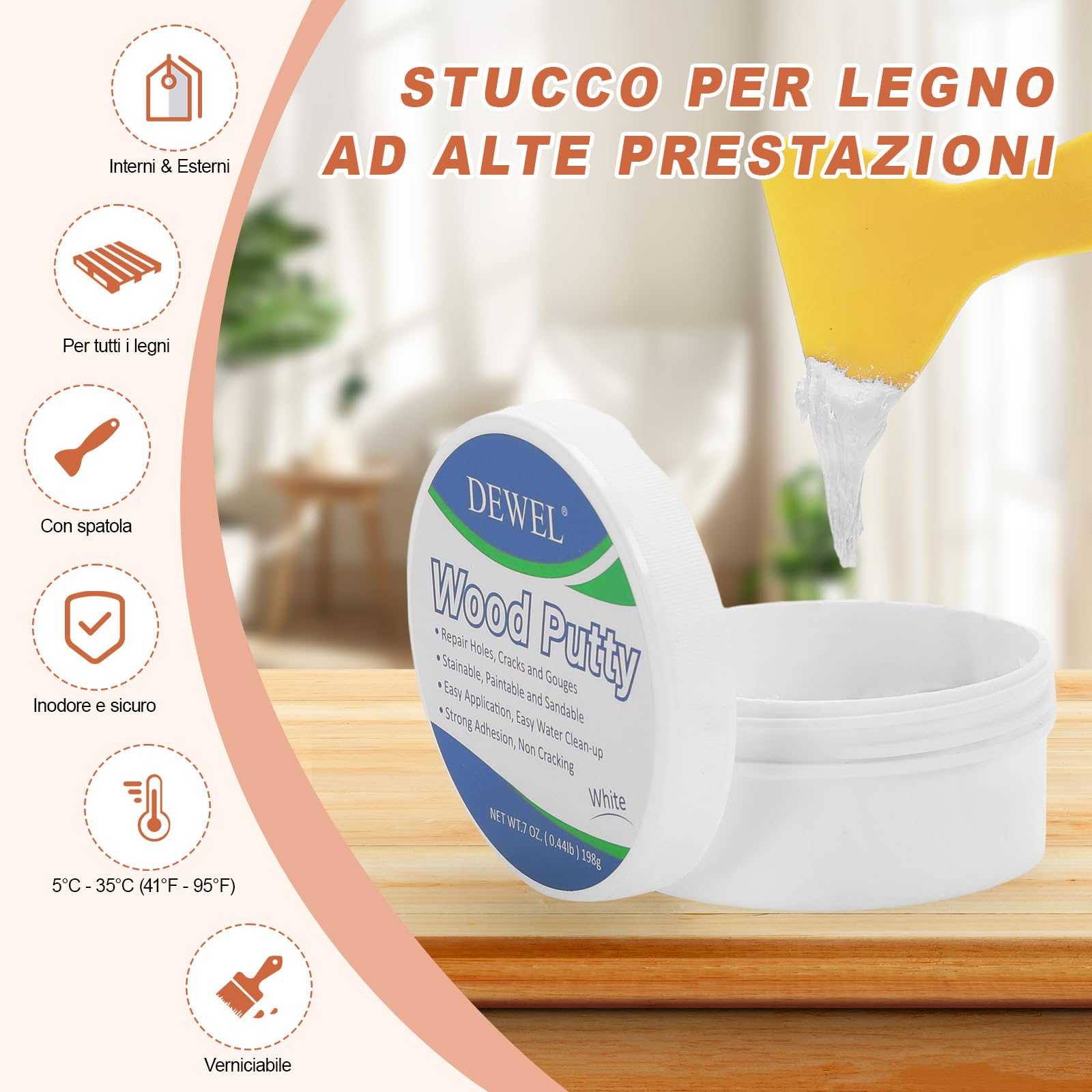 DEWEL Stucco per Legno Bianco all'Acqua 200g-Kit Riparazione Mobili-Riempire Buchi e Crepe