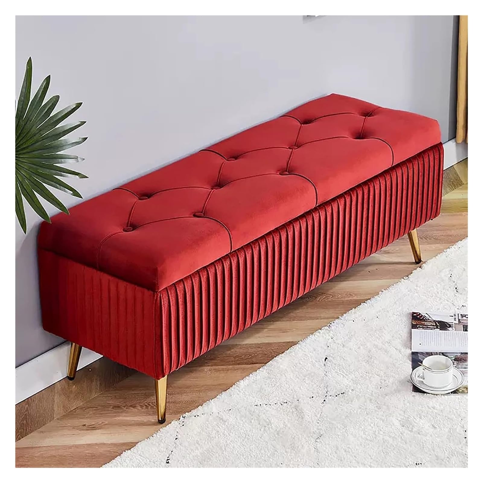 LMMIAOZ Red Velvet Storage Bench with Gold Metal Legs Bedroom Ottoman Bench for Living Room Entryway Hallway Foot Rest (100x40x45cm)