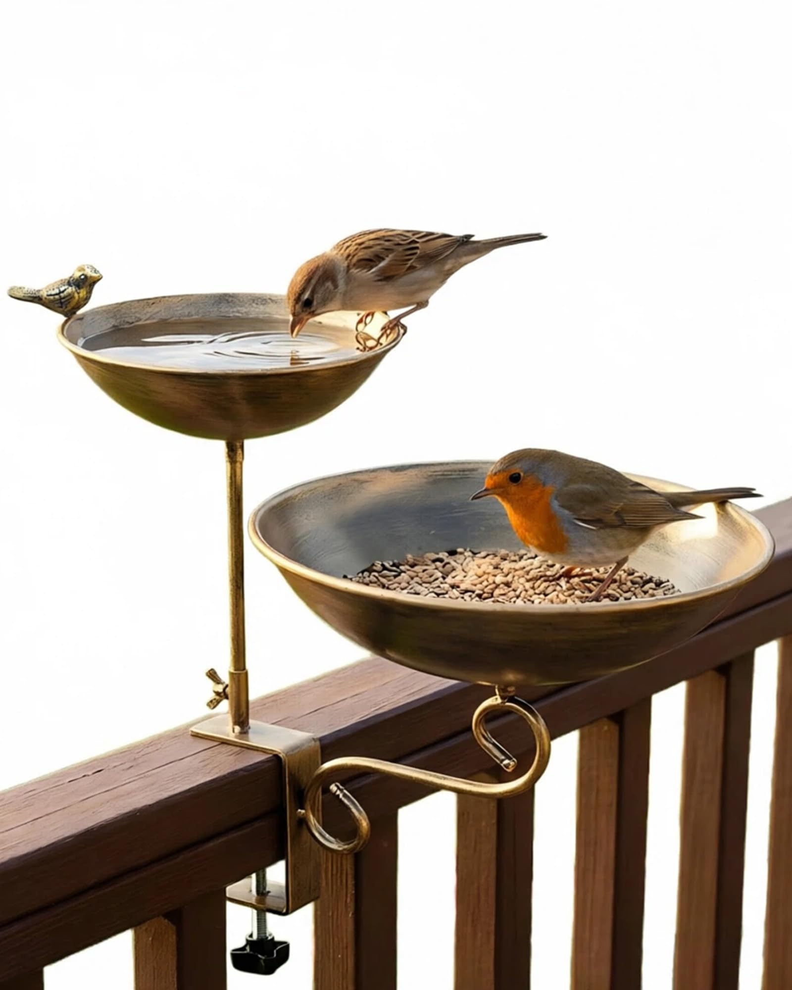 Deckmontierte zweistöckige Vogeltränke mit verstellbarer Klemme, Metall, Balkon, Vogeltränke & Vogelfutterstation für Geländer, Terrasse, Zaun - Leicht zu reinigende Vogeltränke für den