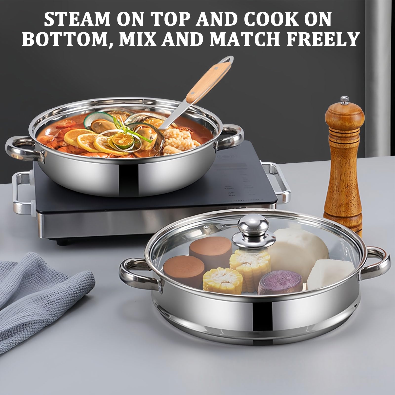 Pentola a Vapore In Acciaio Inox, 28 cm Vaporiera Pentola per Cucinare con Inserto a Vapore e Coperchio in Vetro, a Induzione a 3/4 Strati, per Zuppe, Pasta, Pesce (Tre)
