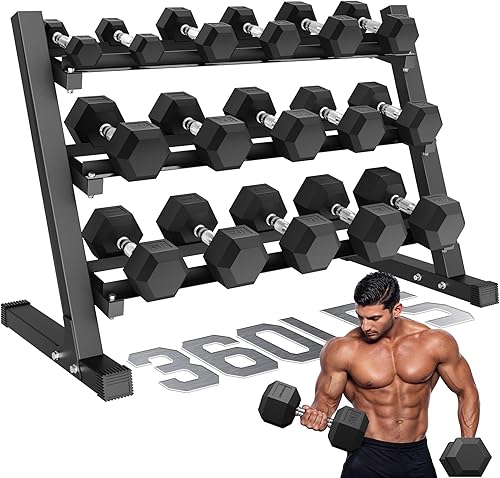 Miniatura 14 de Juego de mancuernas con estante, mancuernas hexagonales de goma, 160/220/280/360/450/550 libras, pesas de mano con mango cromado para entrenamiento