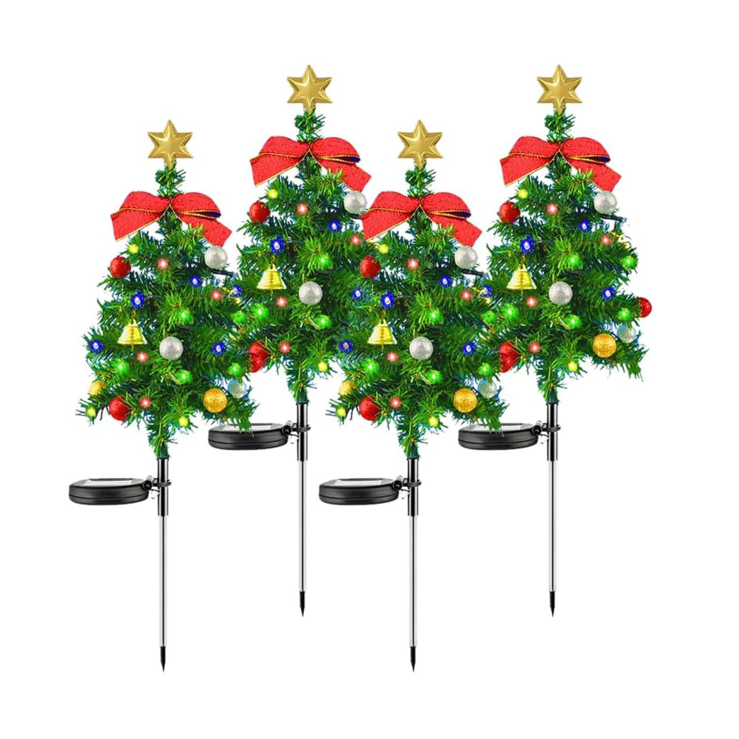 Solar Christmas Tree, Outdoor Christmas Tree Decorations with Multi-Color Lights,Bow & Bell, Waterproof Xmas Tree Stake Lights Solar Powered, Holiday Yard Pathway Graveyard Garden Patio Decor (4Pcs)