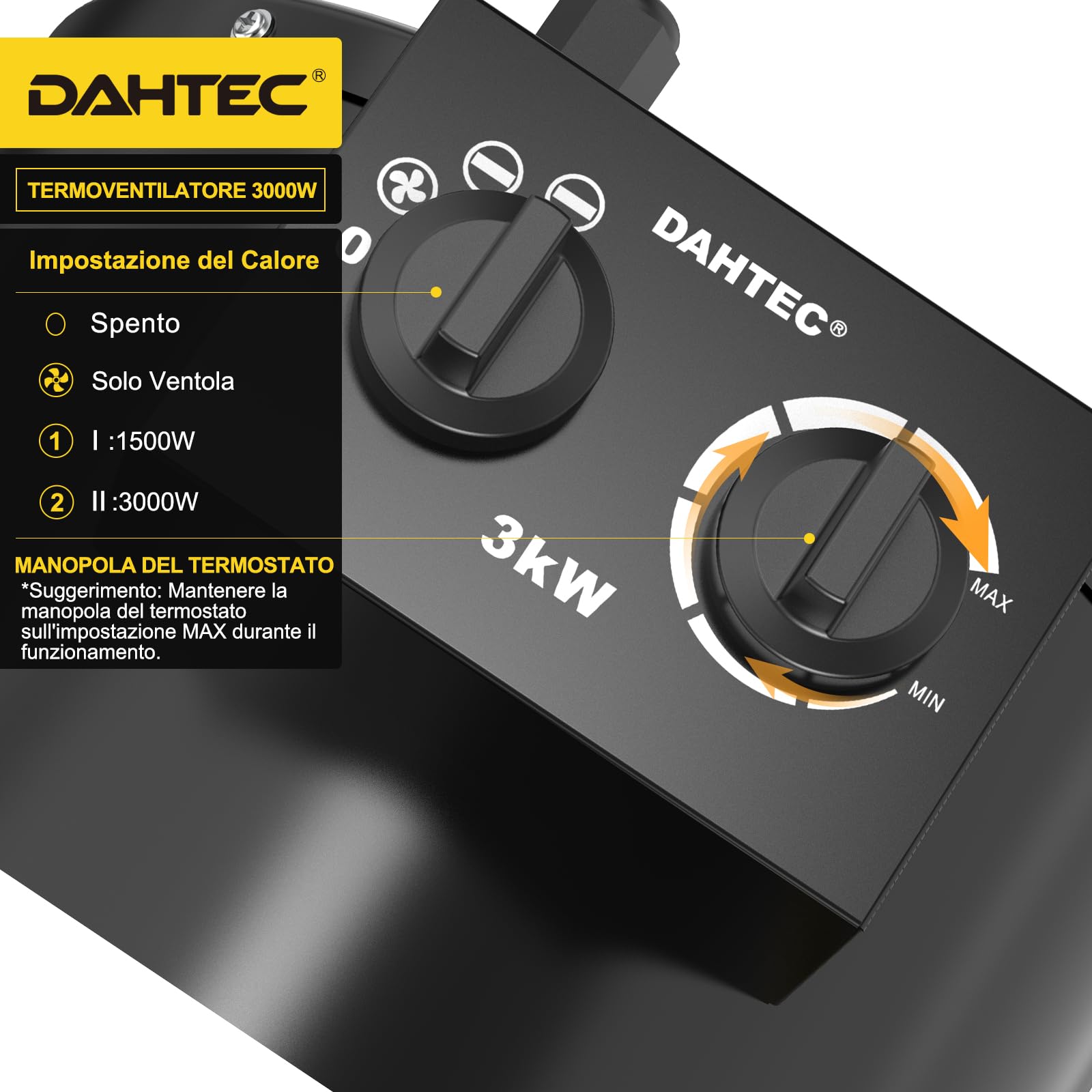 Stufetta Elettrica Industriale 3000 W Termoventilatore, Nero | Riscaldatore Elettrico Portatile, Termostato & Ventilazione, Protezione da Surriscaldamento per Officina, Garage e Cantiere