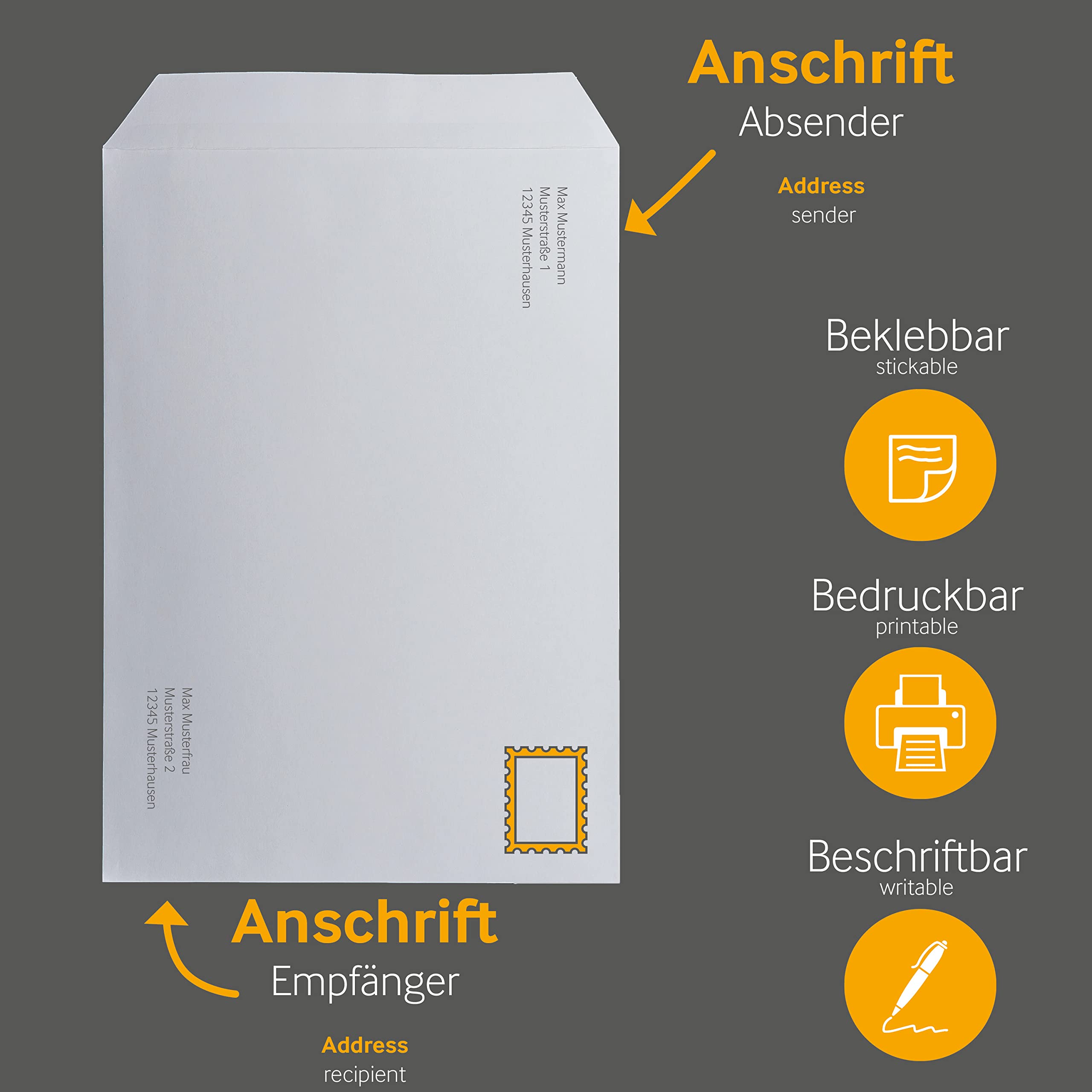 Versandtaschen DIN C4, 229 x 324 mm, ohne Fenster, 250 Stück, Weiß | Haftklebend, Gerade Klappe, 120 g/m² Offset, Blanke Briefhüllen