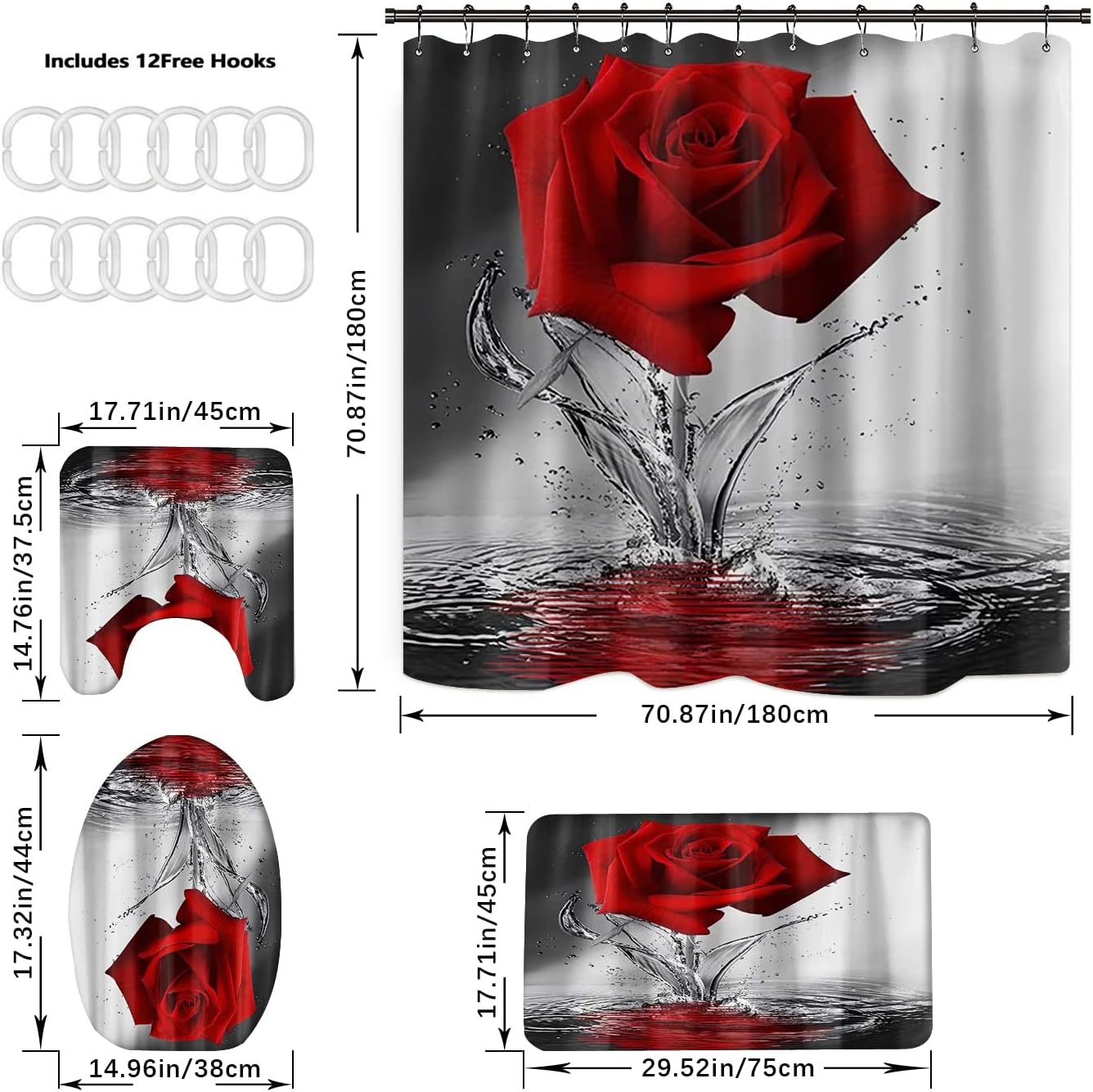 Red Rose Shower Curtain Sets with Non-Slip Rugs,Bath Mat,Toilet Lid Cover and 12 Hooks,Waterproof Polyester Modern Style Flower with Water Pattern Bath Sets Bathroom Decor 4Pcs