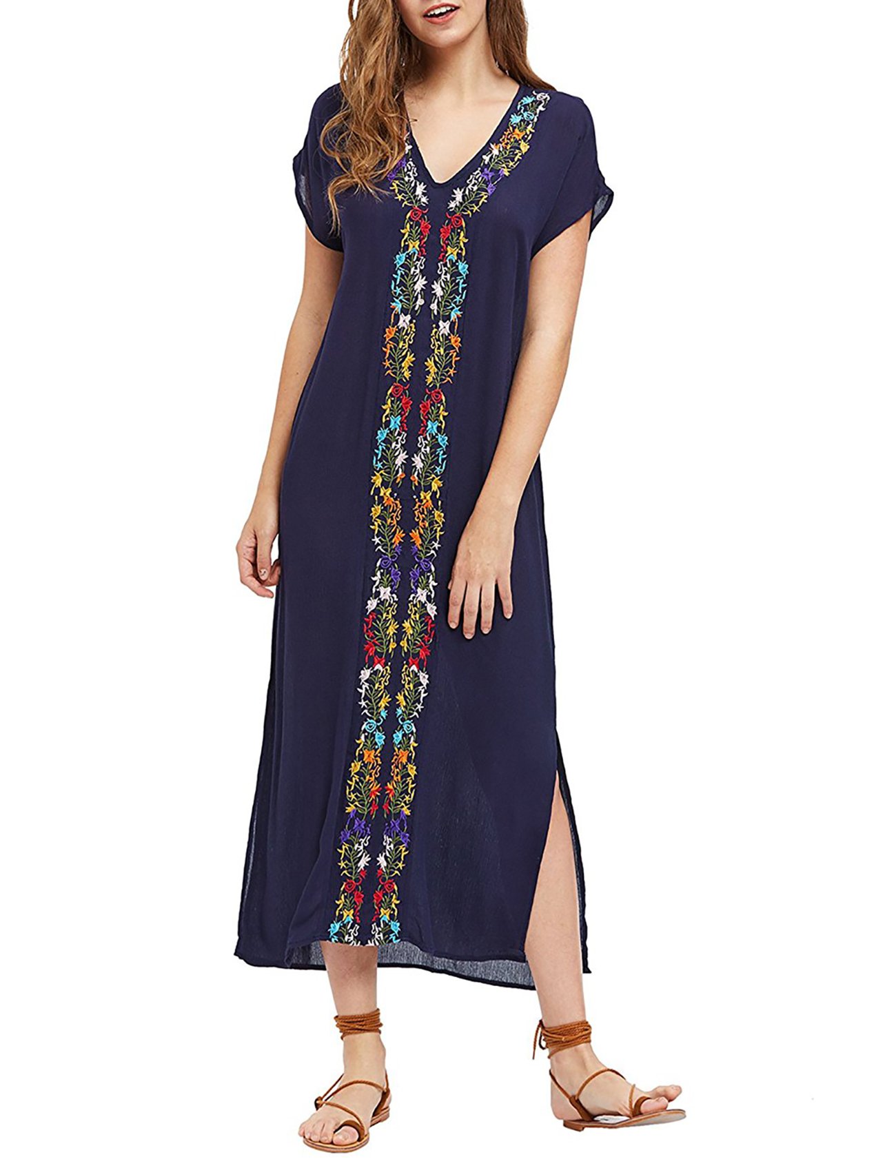 Milumia Women's Bohemian Floral Embroidery Split Maxi Dress Cover Ups Navy XS