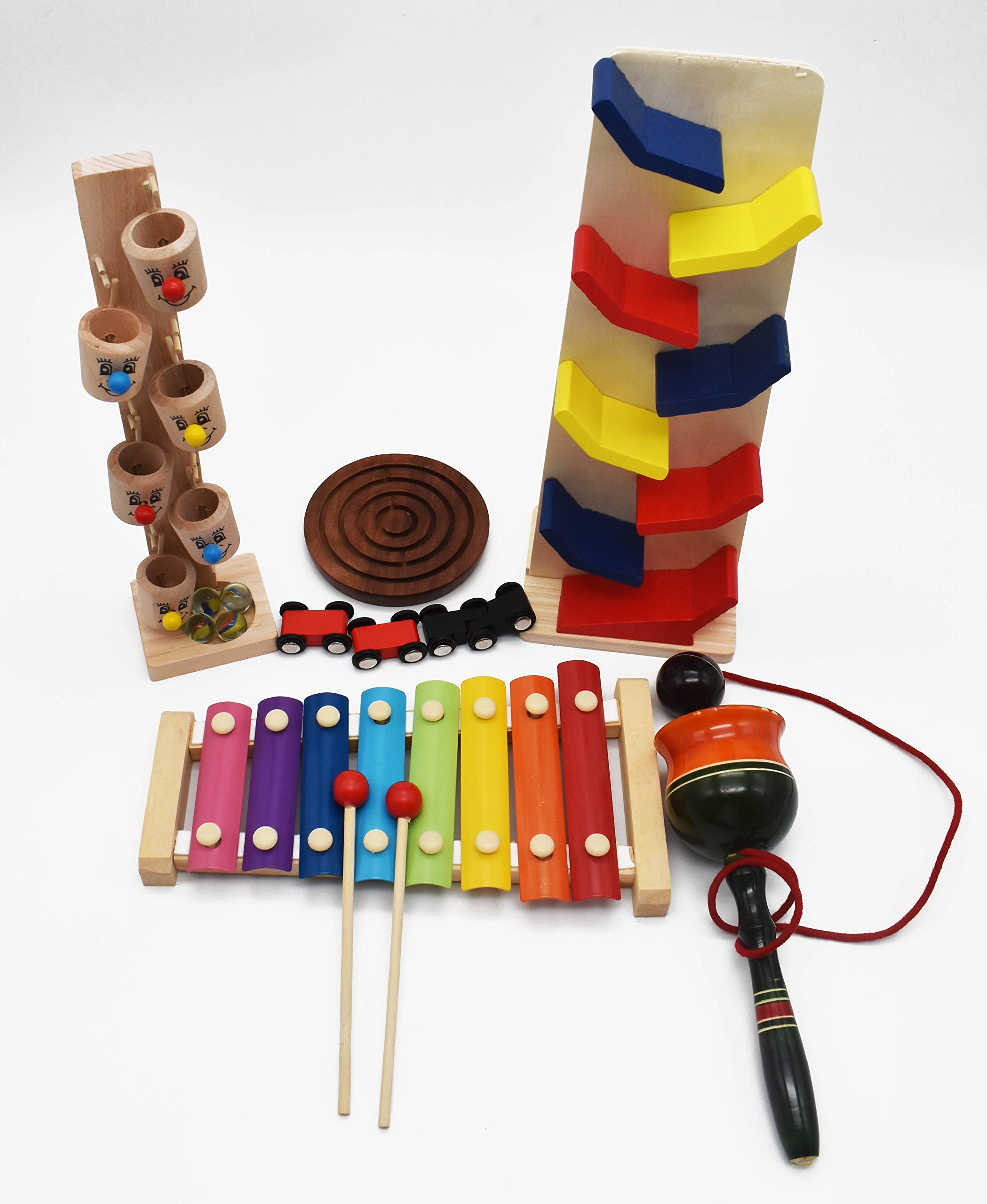 Justandmade Wooden Xylophone | Labyrinth | Marble Slider | Cup & Ball | Slippery Car Toy for Kids- Combo of 5-image-12