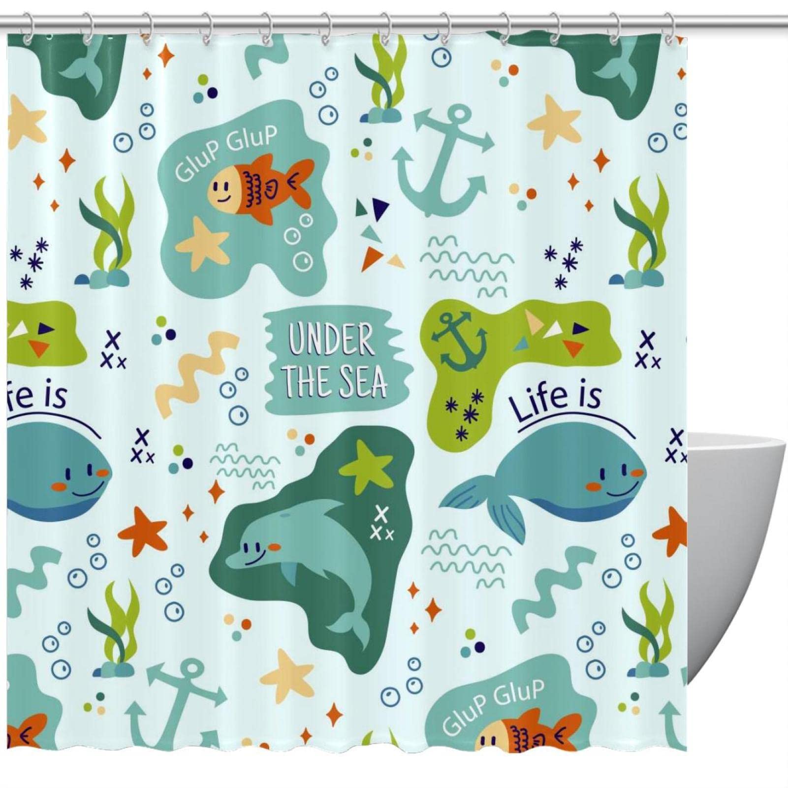 Rideau de douche animaux marins 183 cm anti-moisissure pour baignoire