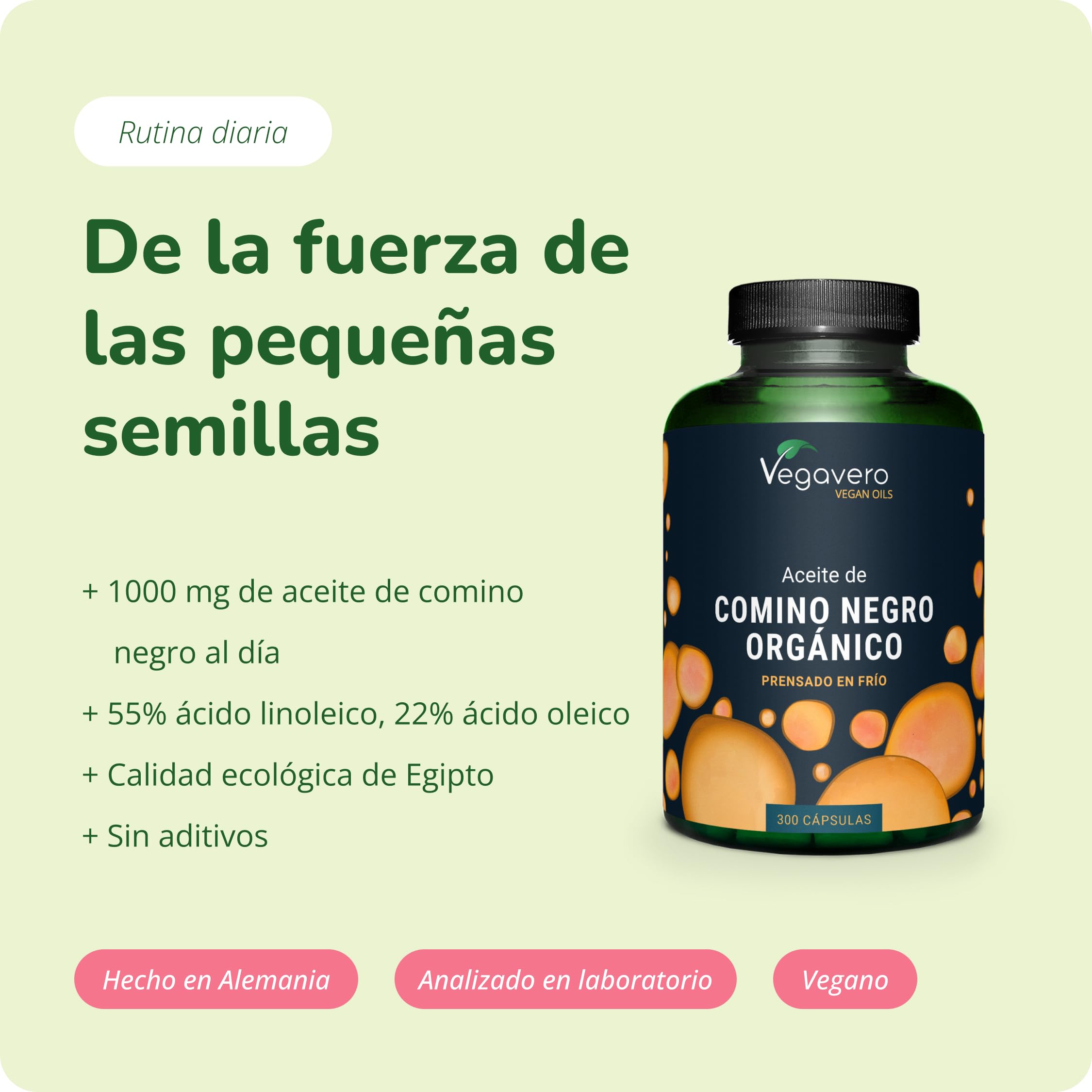 Vegavero Aceite de Comino Negro Ecológico | 1000 mg Nigella Sativa | 55% Ácido Linoleico + 22% Ácido Oleico + 0,2% Timoquinona | Con Vitamina E Natural | Prensado en Frío | 300 Cápsulas Veganas