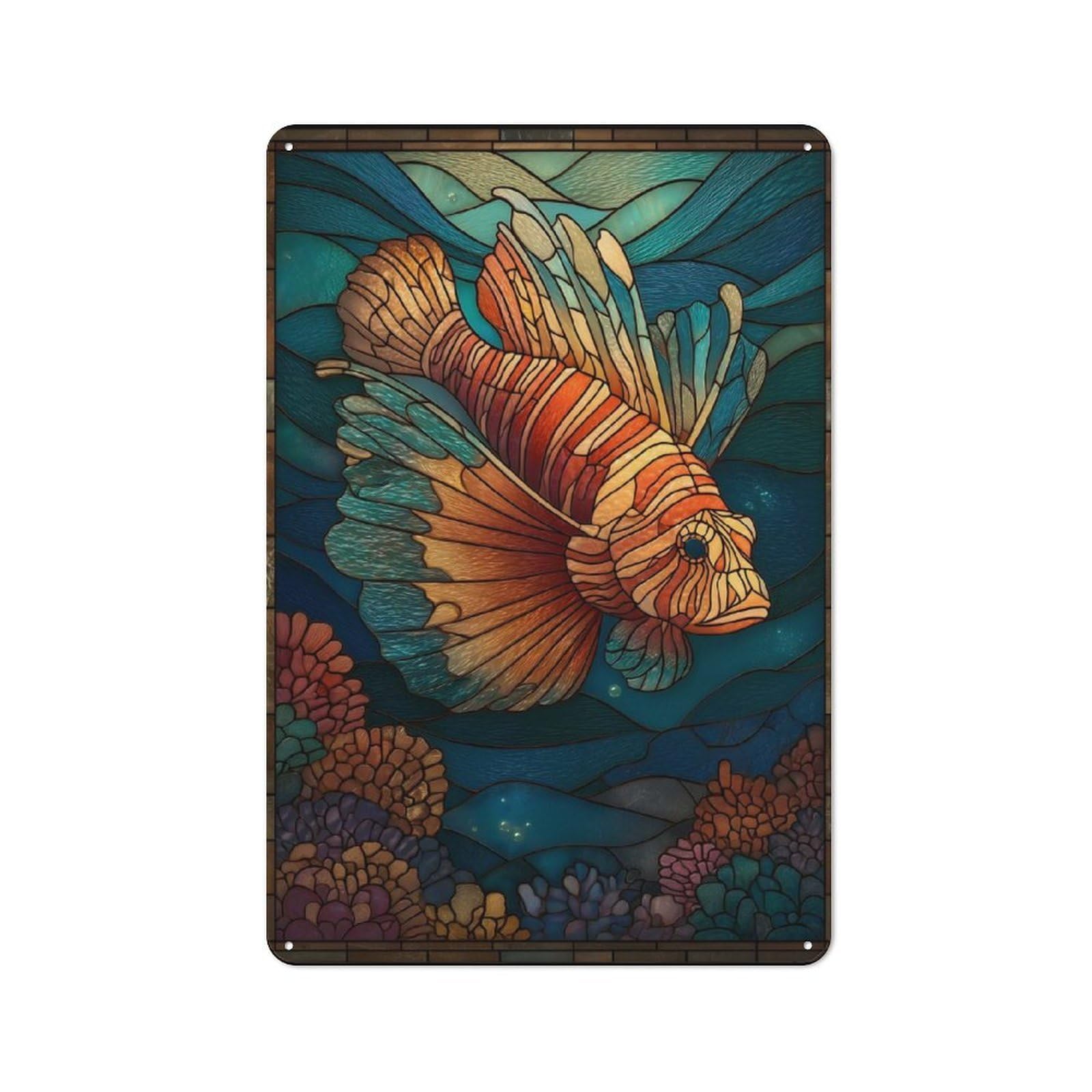 Tin Wall Plaque 30x20cm with Stained Glass Lionfish Ocean for Studio Or Craft Room, Suited to Craft Room Decorators