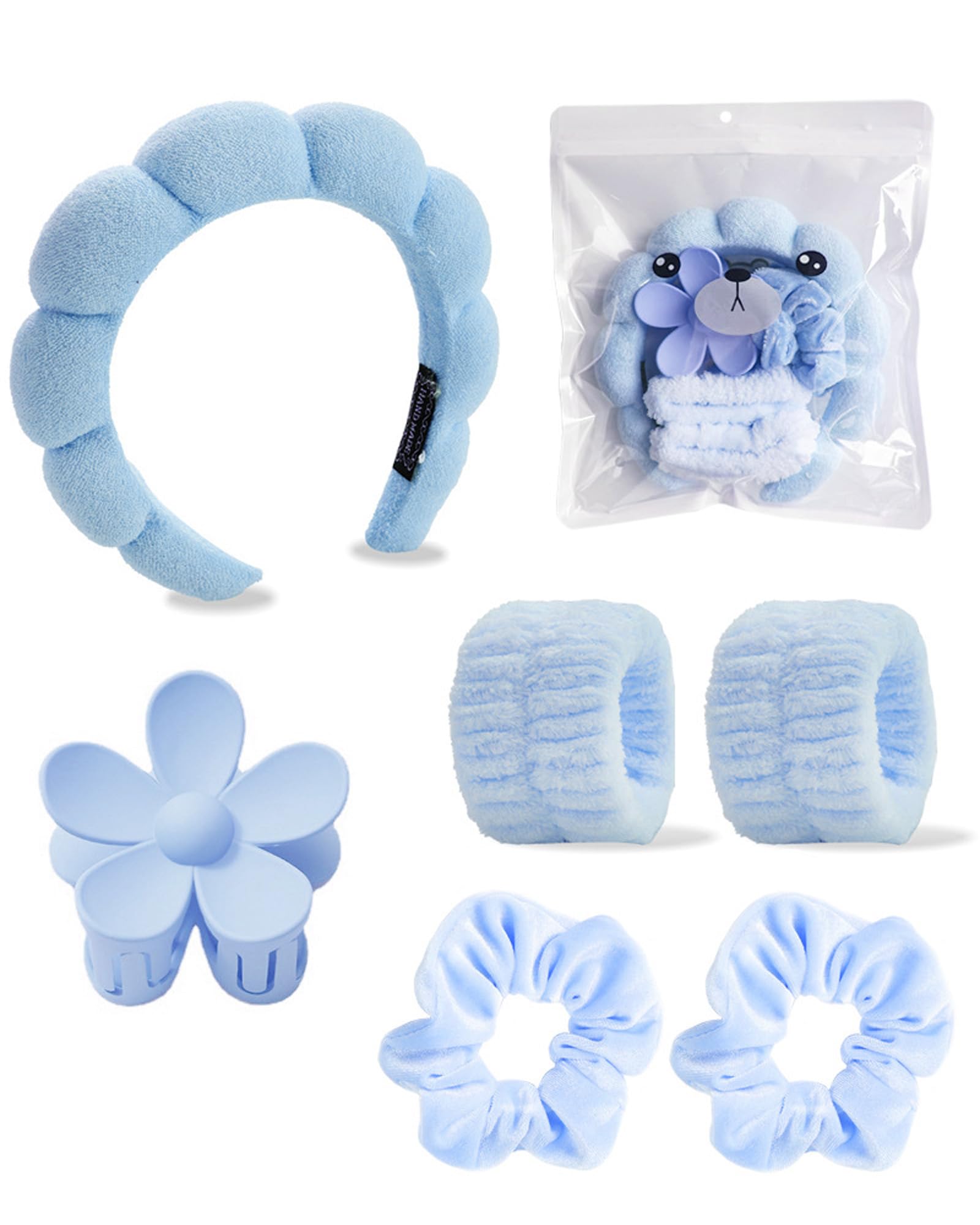 6Pcs Spa Headband for Washing Face,Wristbands Set Women Bubble Skincare Makeup Sponge Terry Cloth Padded Puffy Headband Bow Tie Hairband Cute Non Slip Thick Hair Accessory Gifts(Blue)