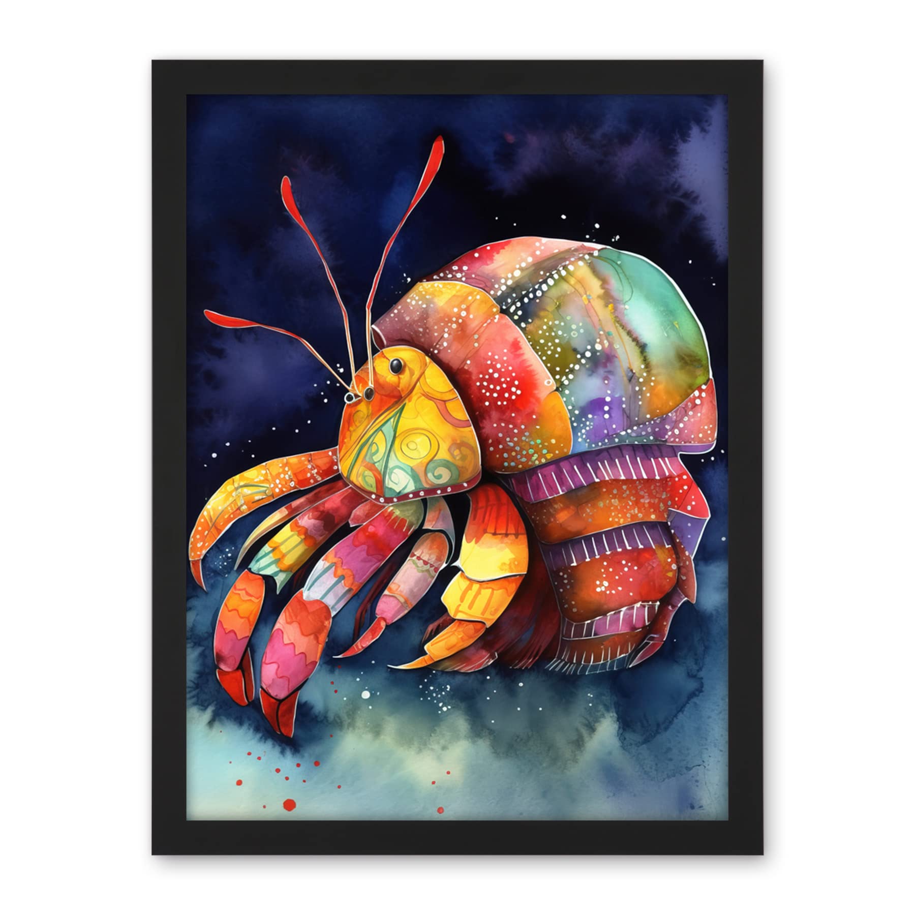 Artery8 Hermit Crab Vibrant Folk Art Watercolour Painting Artwork Framed Wall Art Print 18X24 Inch