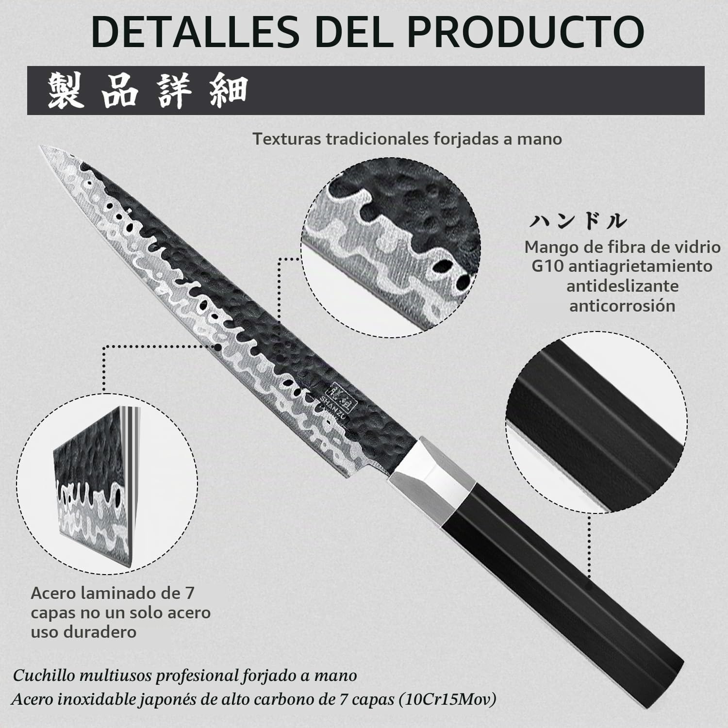 SHAN ZU Cuchillo Multiusos Japonés 15cm de Cocina Hoja Forjada 7 Capas | Núcleo Acero 10Cr15MoV Premium 62 HRC, Acabado Martillado, Mango Octogonal G10 Ergonómico Para Corte Preciso