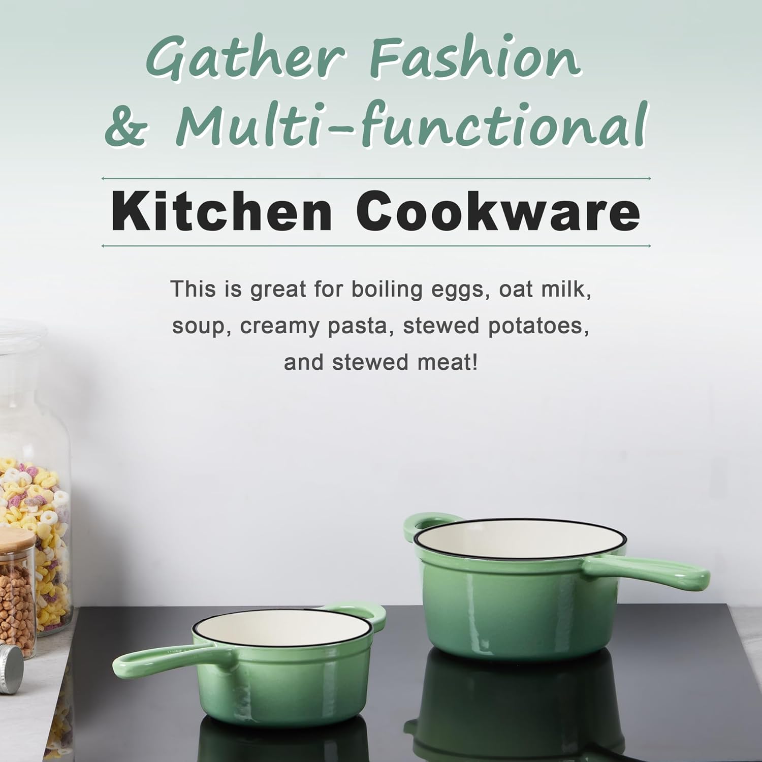 1 Qt & 2 Qt Saucepan Set, Leonyo Enameled Cast Iron Sauce Pan, Cast Iron Dutch Oven Kitchen Small Pots for All Cooktops Cooking Pasta, Milk, Oatmeal - Up to 500°F, Pistachio Green