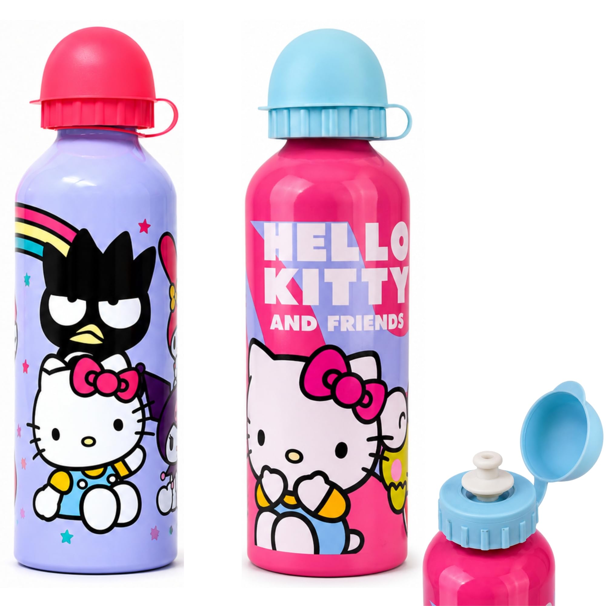 SRV Hub 2x Hello Kitty Pink & Rainbow Blue Aluminium Water Bottle Pack 500ml Kids Reusable Character Drinks Bottle Set Gift