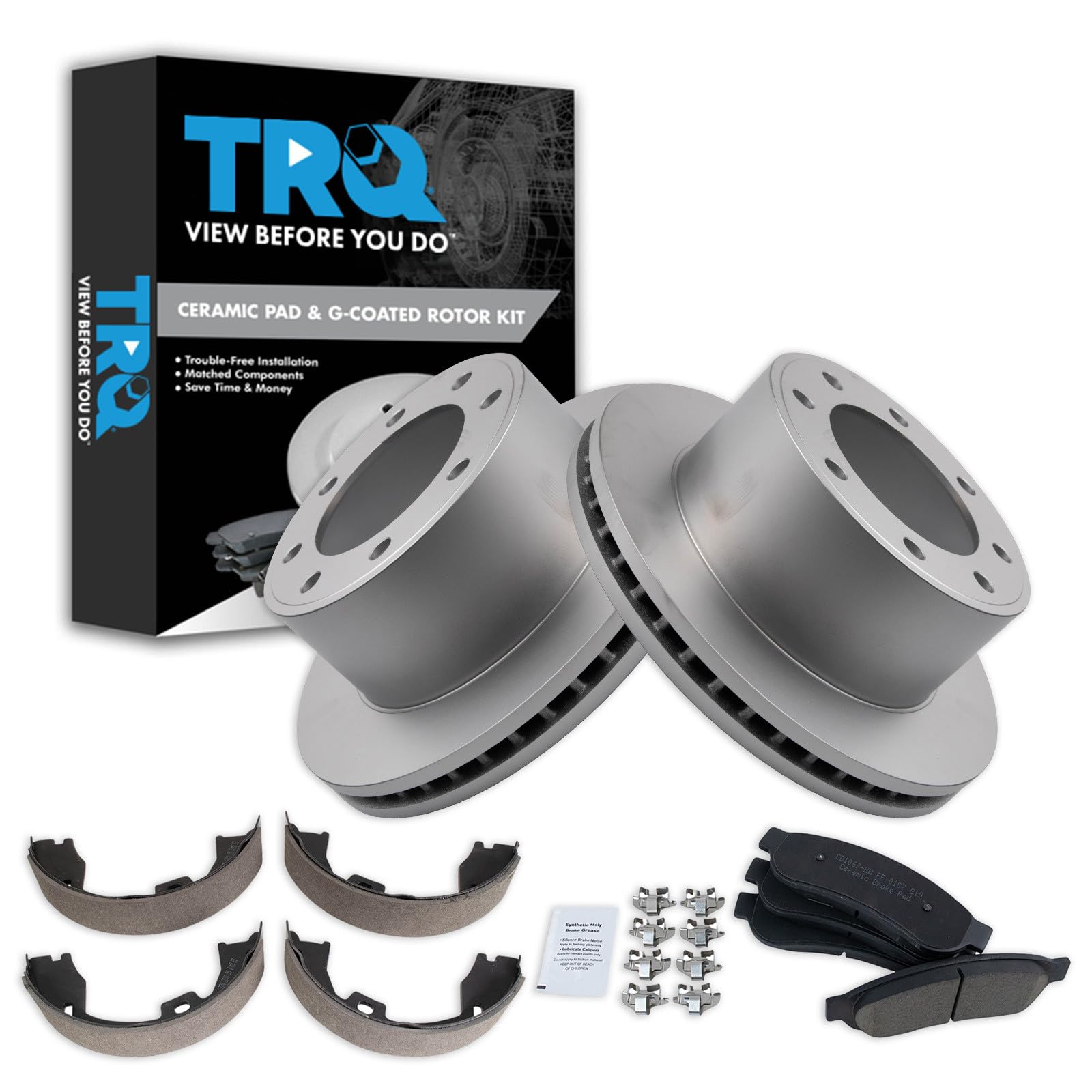 TRQ Rear Brake Pad &amp; Rotor Kit Parking Brake Shoe Set Ceramic Premium G-Coated Compatible with 2011-2012 Ford F-250 Super Duty F-350 Super Duty