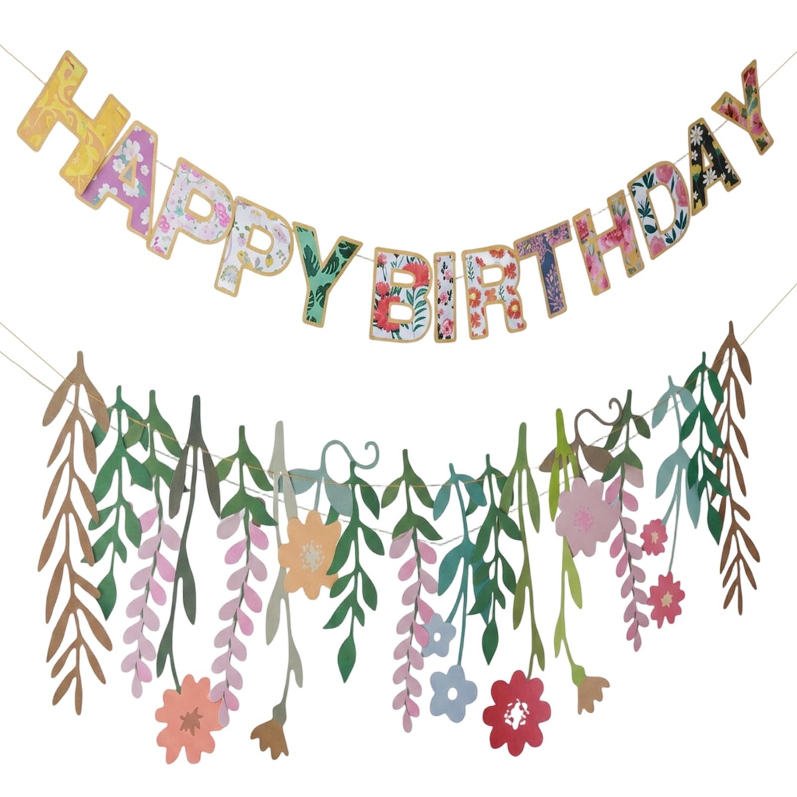Floral Bunting, Garden Party Decorations with Hanging Flower Designs, Birthday Banner for Women Featuring Two Floral Bunting Pieces