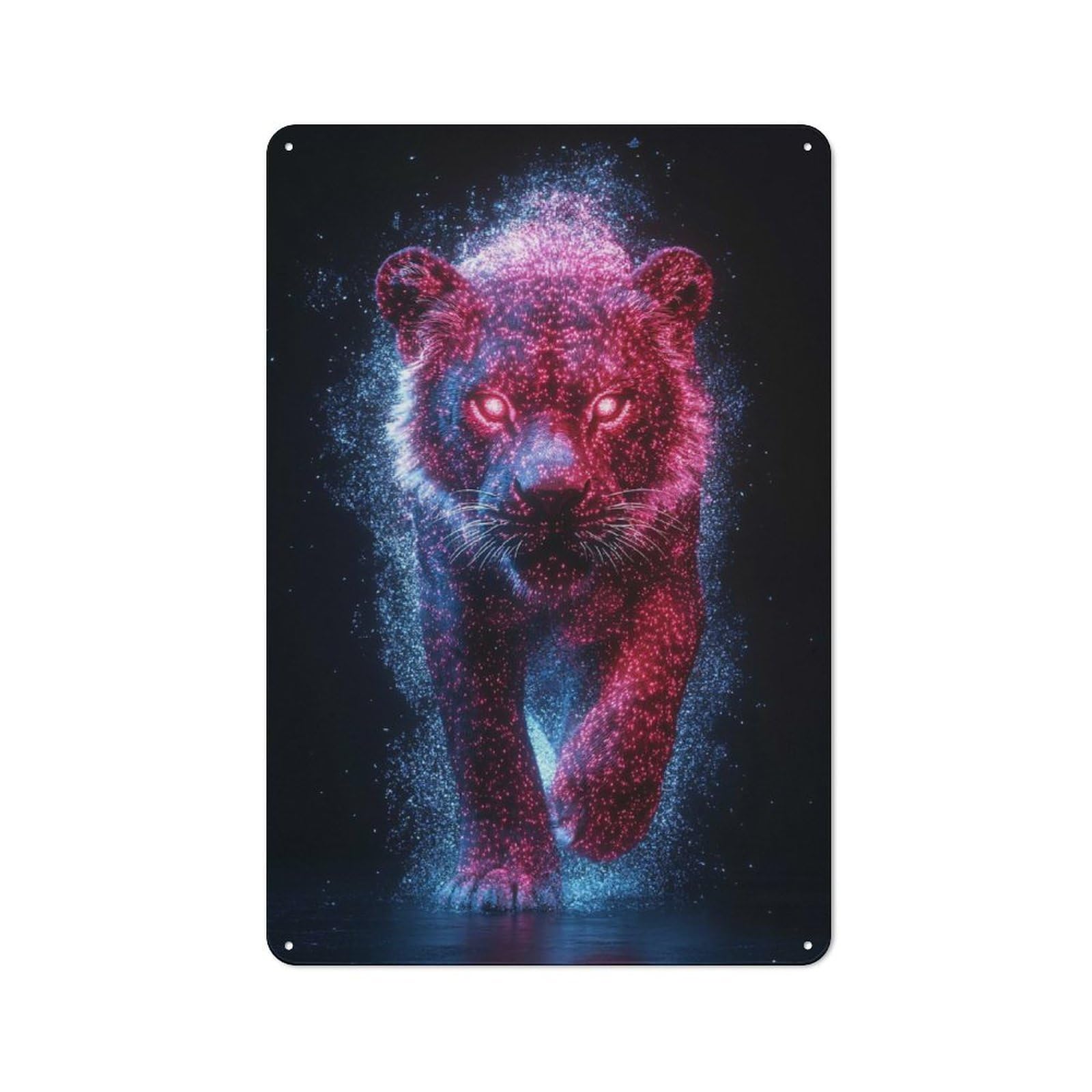 Neon Lion Digital Art Clean Industrial Metal Wall Decor 30x20cm, Decorative Metal Plaque for Workspace, Cafe, Hallway Or Garage
