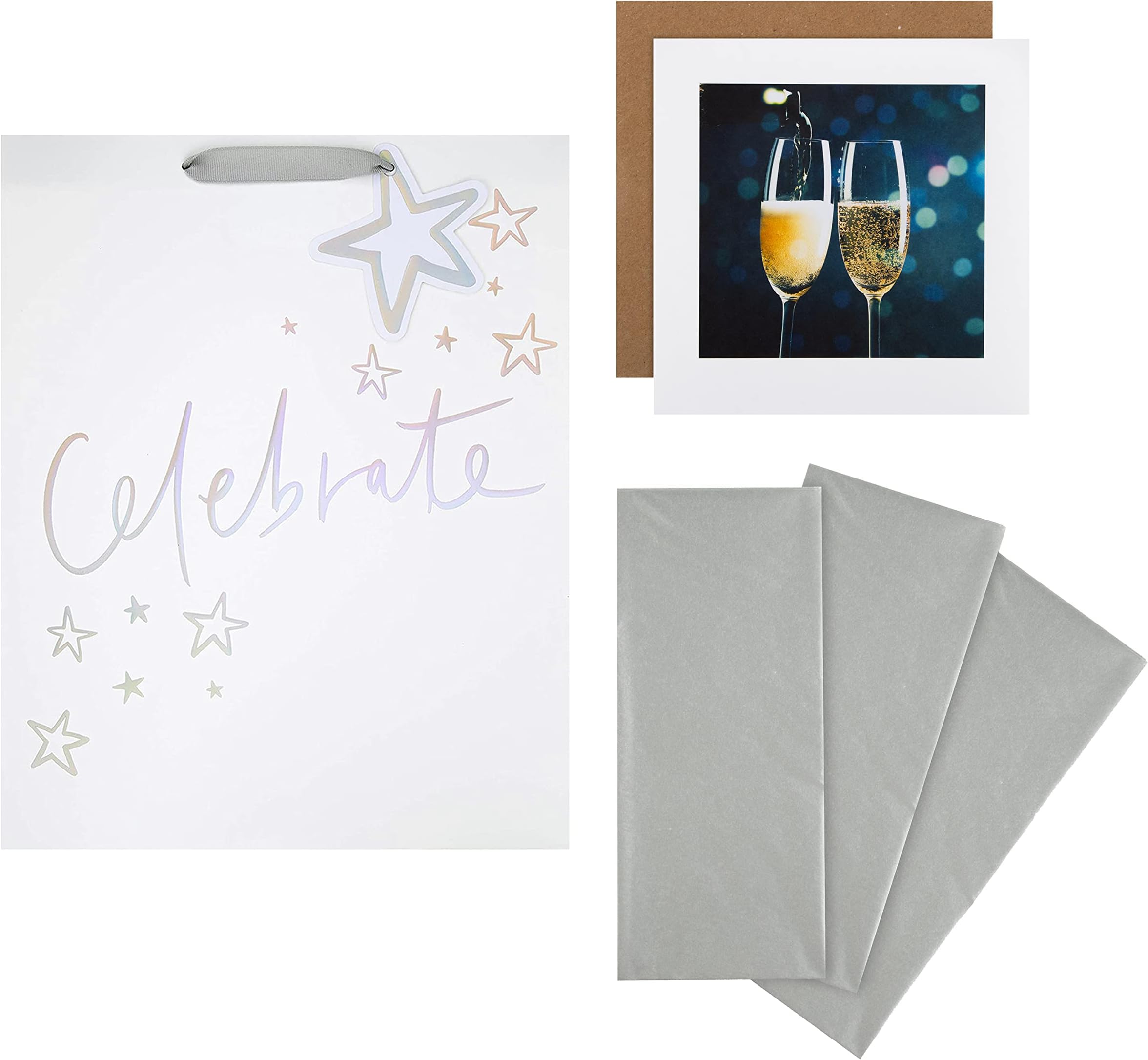 Hallmark Celebration Gift Bag, Gift Wrap and Card Bundle - 1 Large Gift Bag, 3 Tissue Paper Sheets and 1 'Gallery' Card in 3 Contemporary Designs