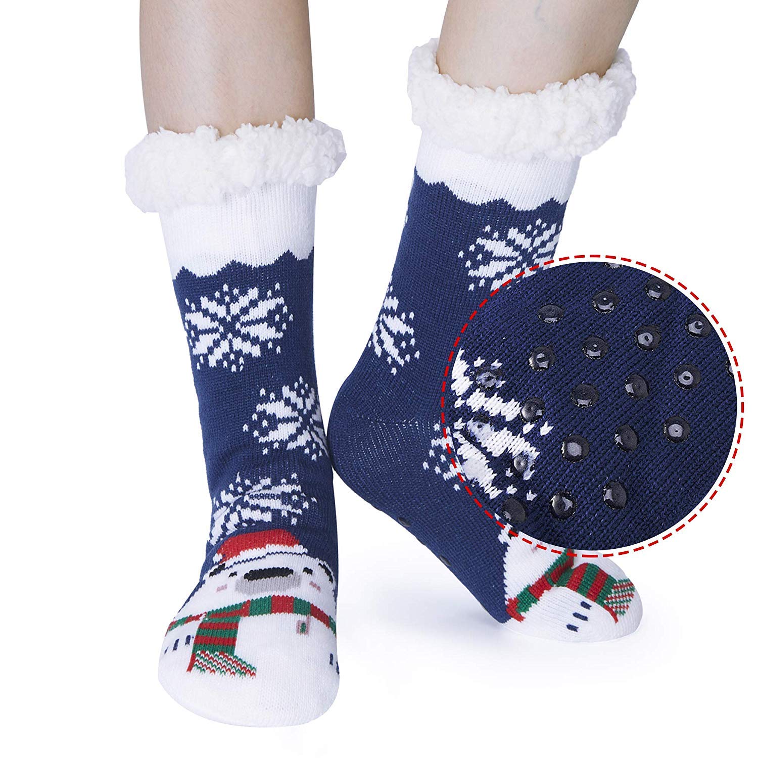 AIDEAONELadies Christmas Knit Slipper Sock Furry Fleece Lined Warm Non Slip Chunky Socks