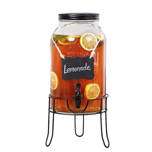 1.5 Gallon Glass Drink Dispensers for Parties, Ice Beverage Dispensers with Stand, Glass Water Dispenser with Spigot, Laundry Detergent Dispenser, Lemonade Dispenser