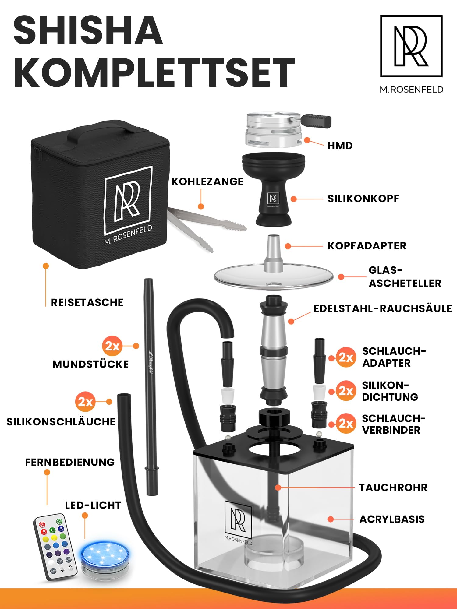 M. ROSENFELD Kompletny zestaw do shishy To Go z torbą i akcesoriami premium – zestaw główek z HMD, ustnikiem, aluminiową rurą zanurzeniową, dyfuzorem i akrylową miską, czarny
