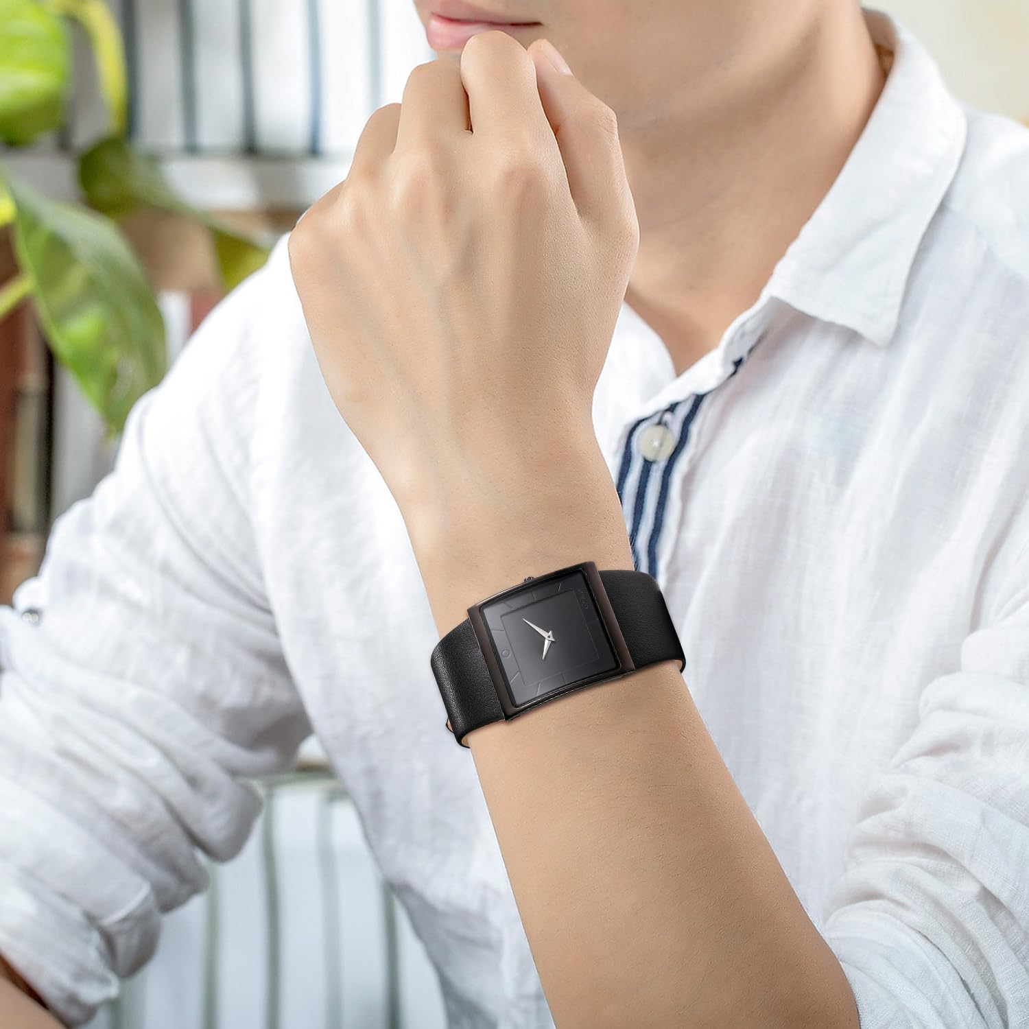 JewelryWe Orologio da Polso da Uomo al Quarzo alla Moda, Quadrante Quadrato, Cinturino in Pelle Nero, Orologio al Lavoro, Regalo