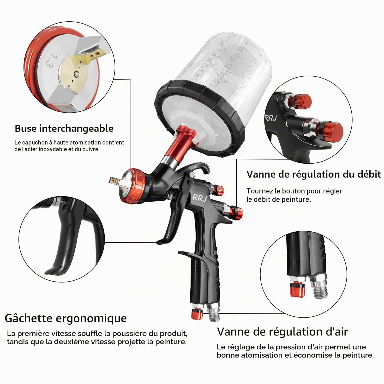 A610 LVLP Pistolet pulvérisateur à air comprimé avec Buses de 1,3/1,5/1,7 mm, 650 ML, avec 10 gobelets jetables, Pistolet à Peinture pour Voiture et Maison