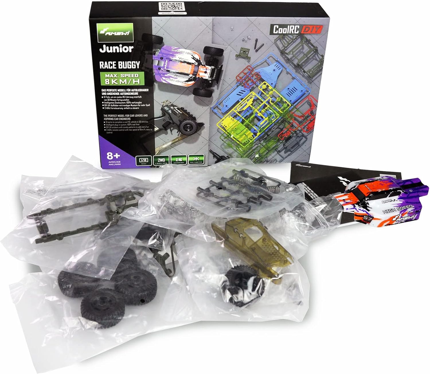 Contents of the Amewi 22575 CoolRC DIY Race Buggy kit, showing various plastic parts, wheels, and the remote control in their packaging.