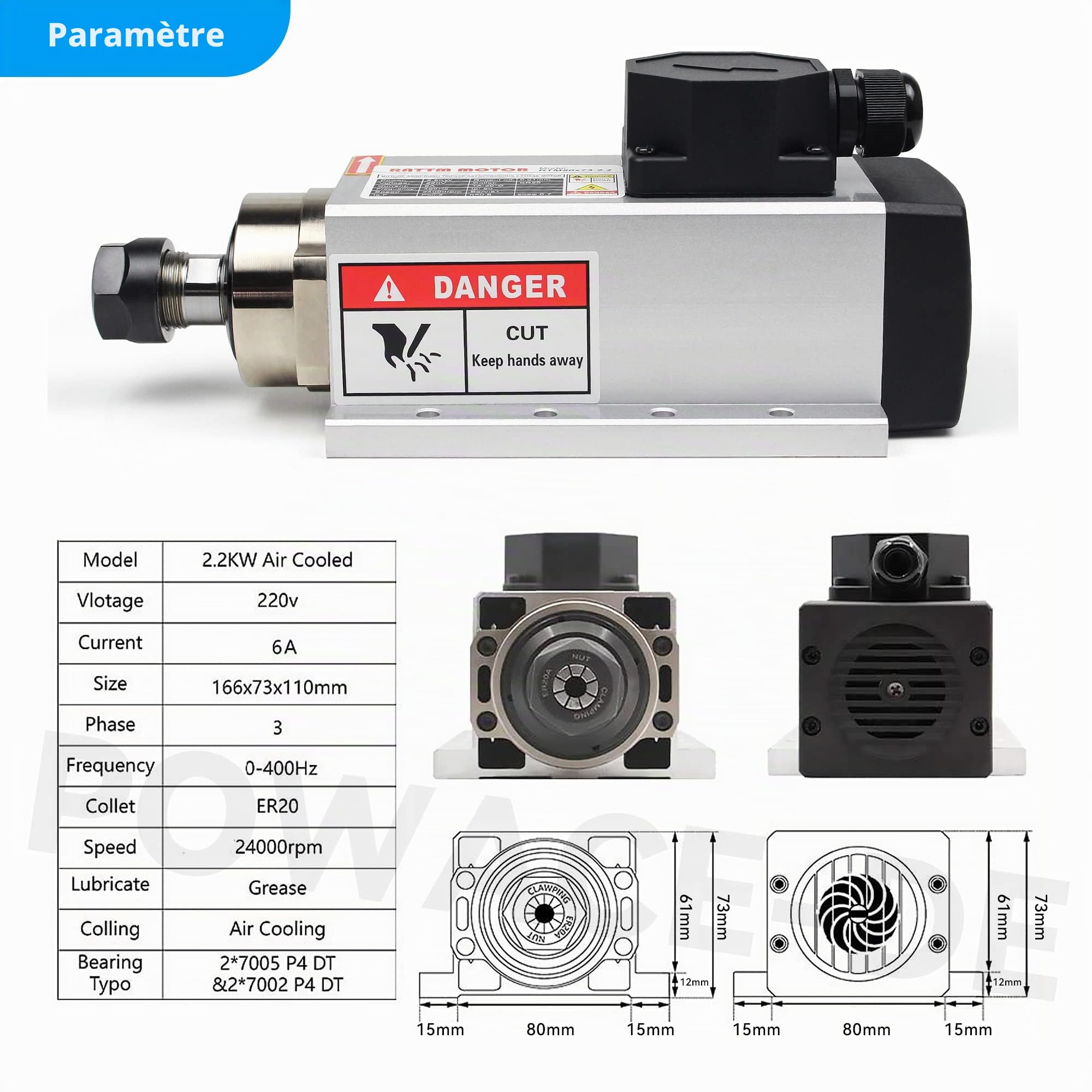 RATTMMOTOR Moteur de broche CNC 2,2 kW - 220 V - 24 000 tr/min - 400 Hz - Refroidissement par air - Broche CNC - Pour machine à graver CNC