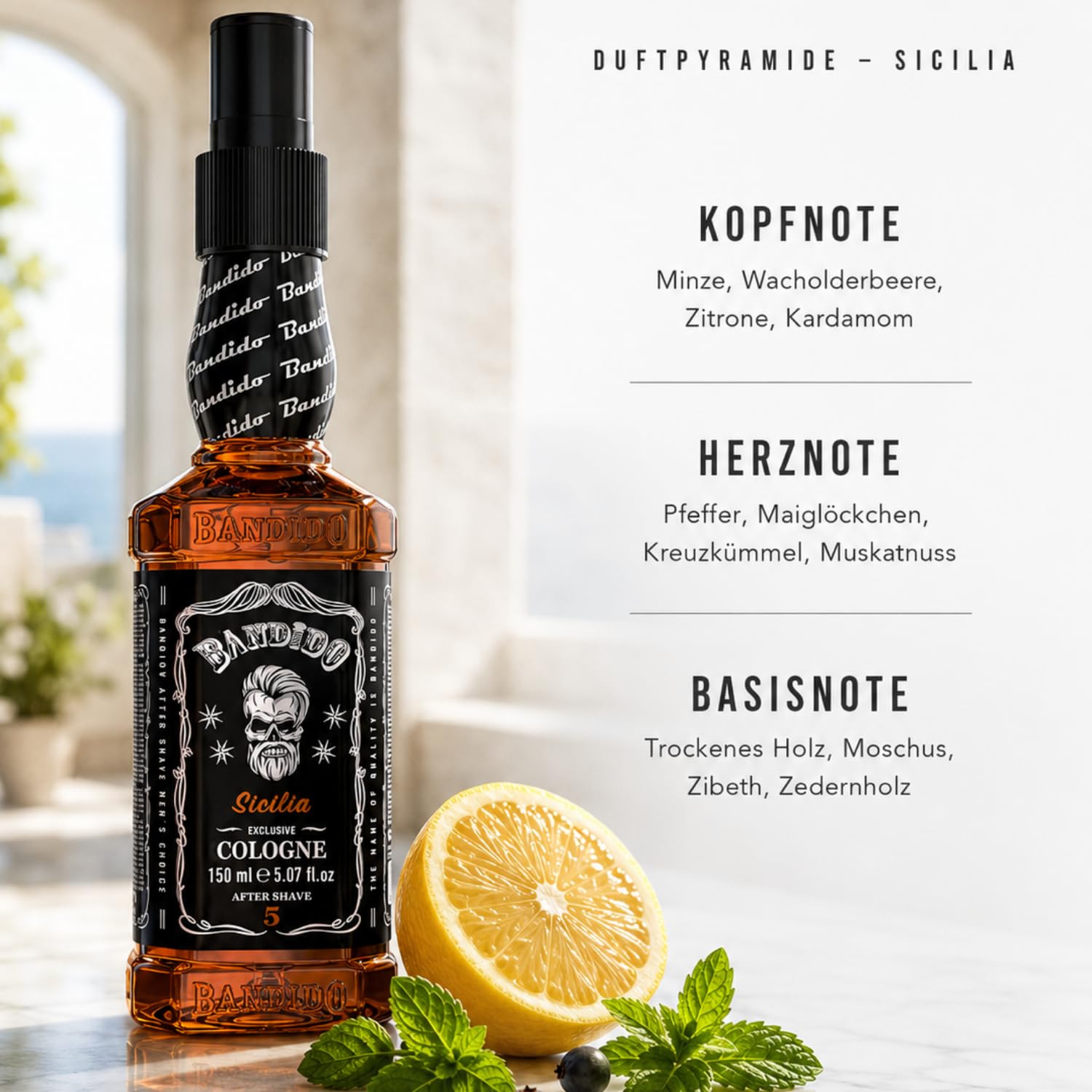 Bandido After Shave Sicilia 150 ml – Barber Cologne Herren, Rasierwasser Herren, Eau de Cologne, Body Spray, Haarparfüm, Kolonya, Frisch-Würziger Duft Kosmetik
